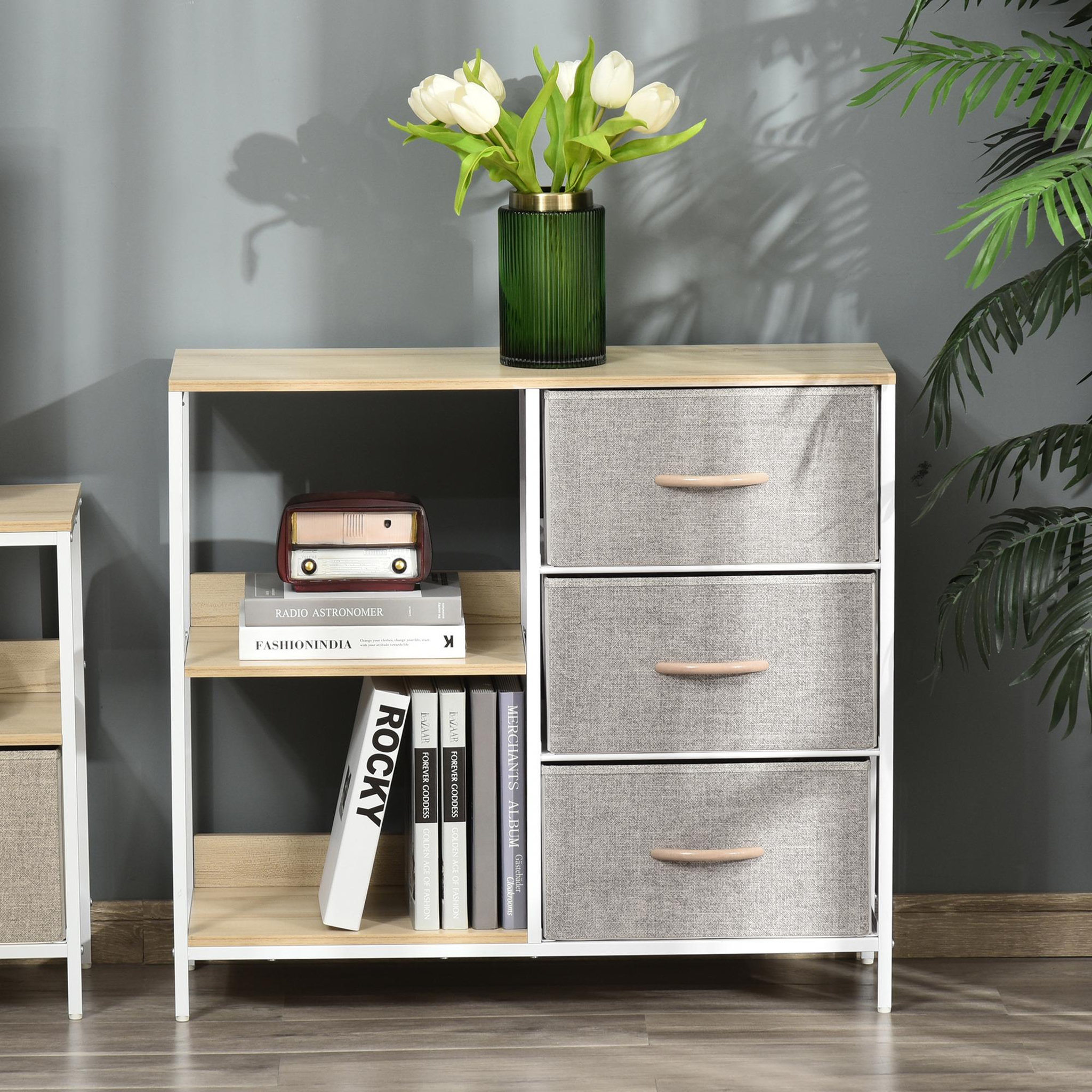 Voir la diapositive 2 : HOMCOM Meuble de rangement commode design - 3 tiroirs, 2 étagères - métal MDF non tissé beige