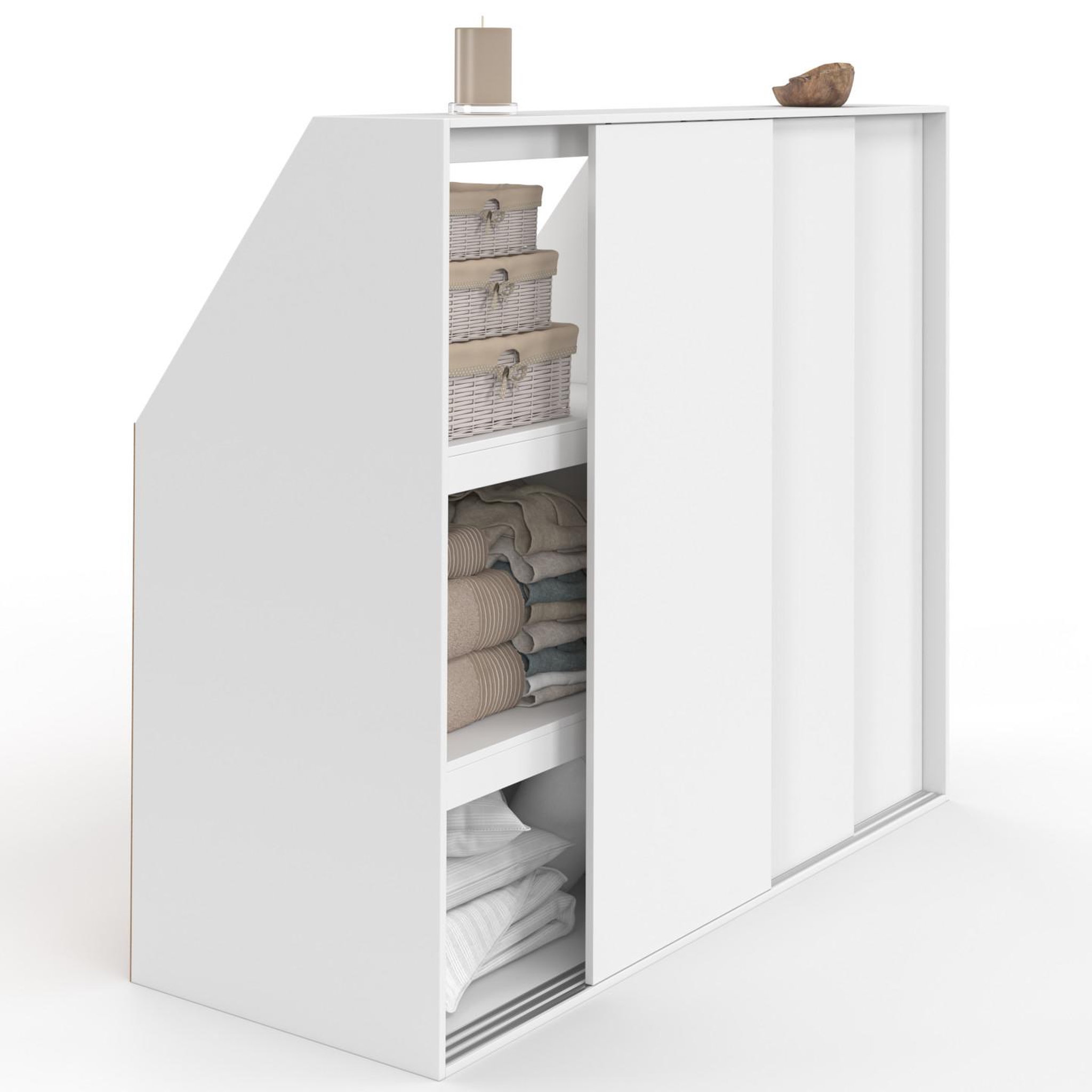 ID MARKET Armoire sous pente 3 portes coulissantes 3 niveaux tomi 130 x 50 x 70/110 cm blanc