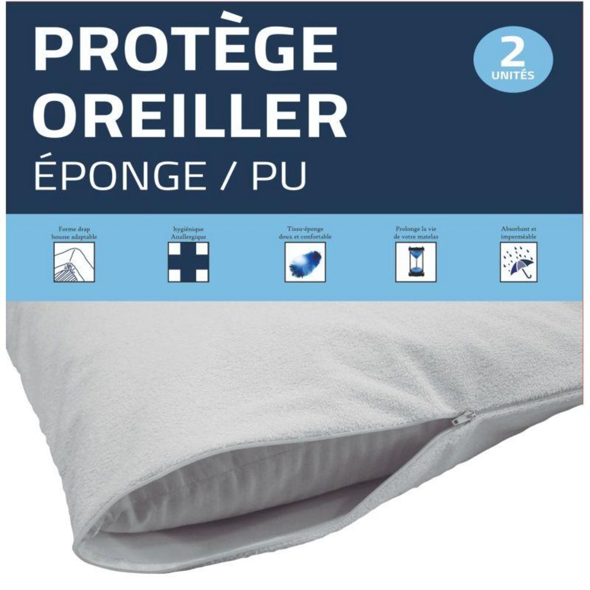 UNIVERS DECOR Lot de 2 protège oreiller éponge imperméable absorbant 63 x 63 cm
