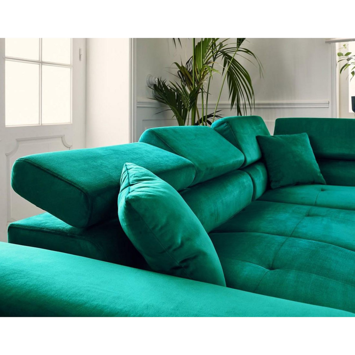 BEST MOBILIER Dimas - canapé d'angle droit 5 places - convertible avec coffre et têtières réglables - en velours