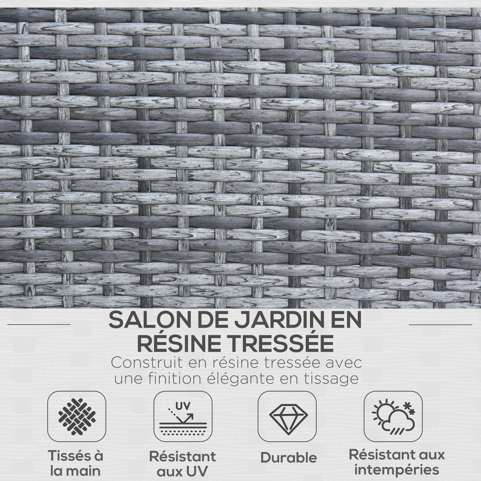 Voir la diapositive 4 : OUTSUNNY Outsunny Ensemble salon de jardin 4 places : canapé, 2 fauteuils et table basse plateau verre trempé résine tressée imitation rotin gris coussins crème