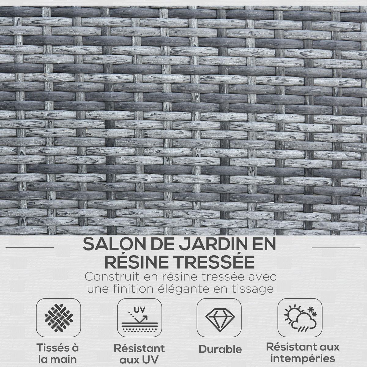 OUTSUNNY Outsunny Ensemble salon de jardin 4 places : canapé, 2 fauteuils et table basse plateau verre trempé résine tressée imitation rotin gris coussins crème