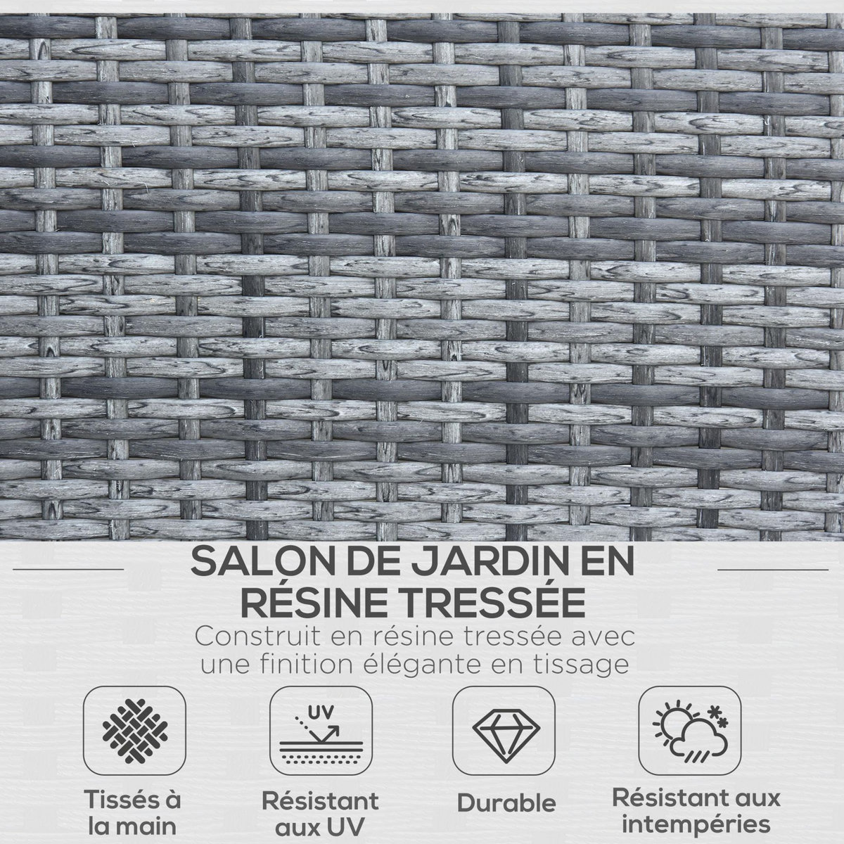 OUTSUNNY Outsunny Ensemble salon de jardin 4 places : canapé, 2 fauteuils et table basse plateau verre trempé résine tressée imitation rotin gris coussins crème