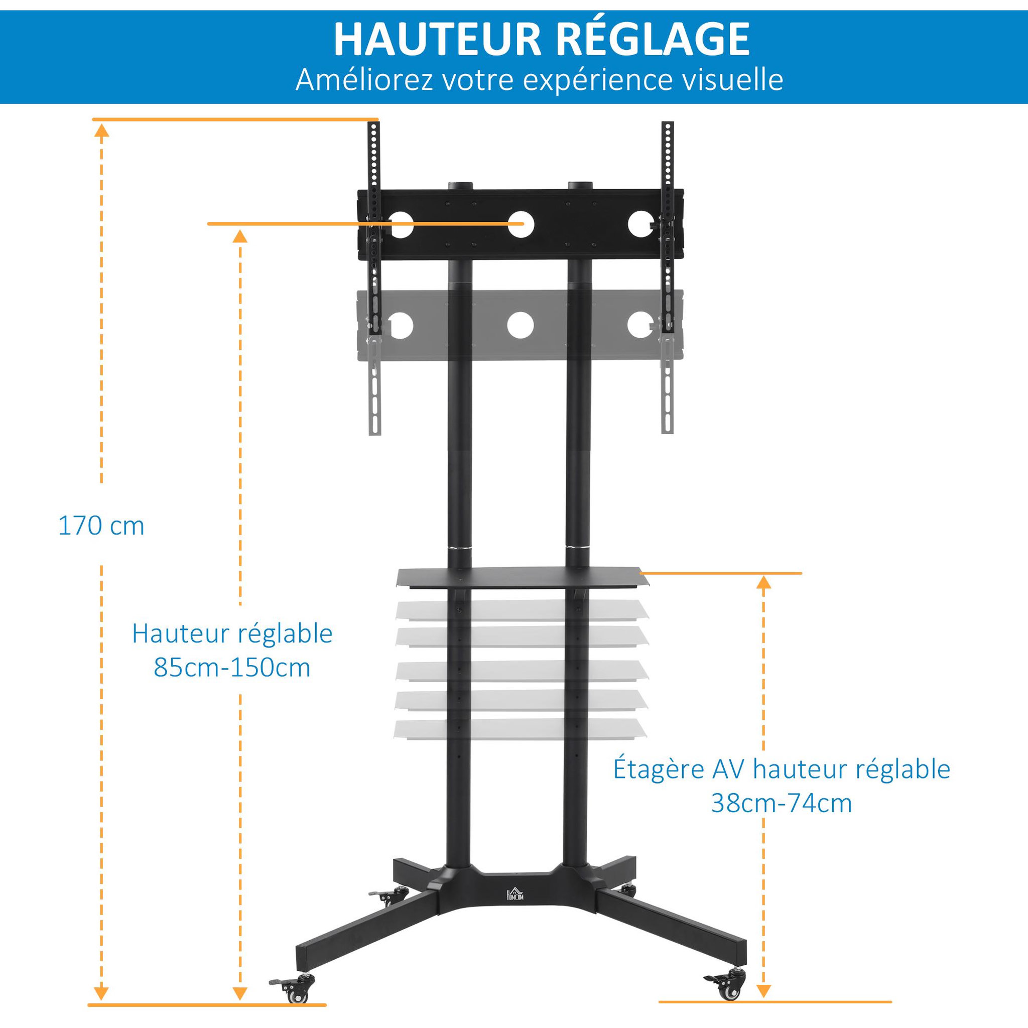 Voir la diapositive 4 : HOMCOM HOMCOM Support TV sur roulettes meuble TV roulant pour écran 32-65 pouces hauteur et angle réglable charge max. 50 Kg châssis acier noir