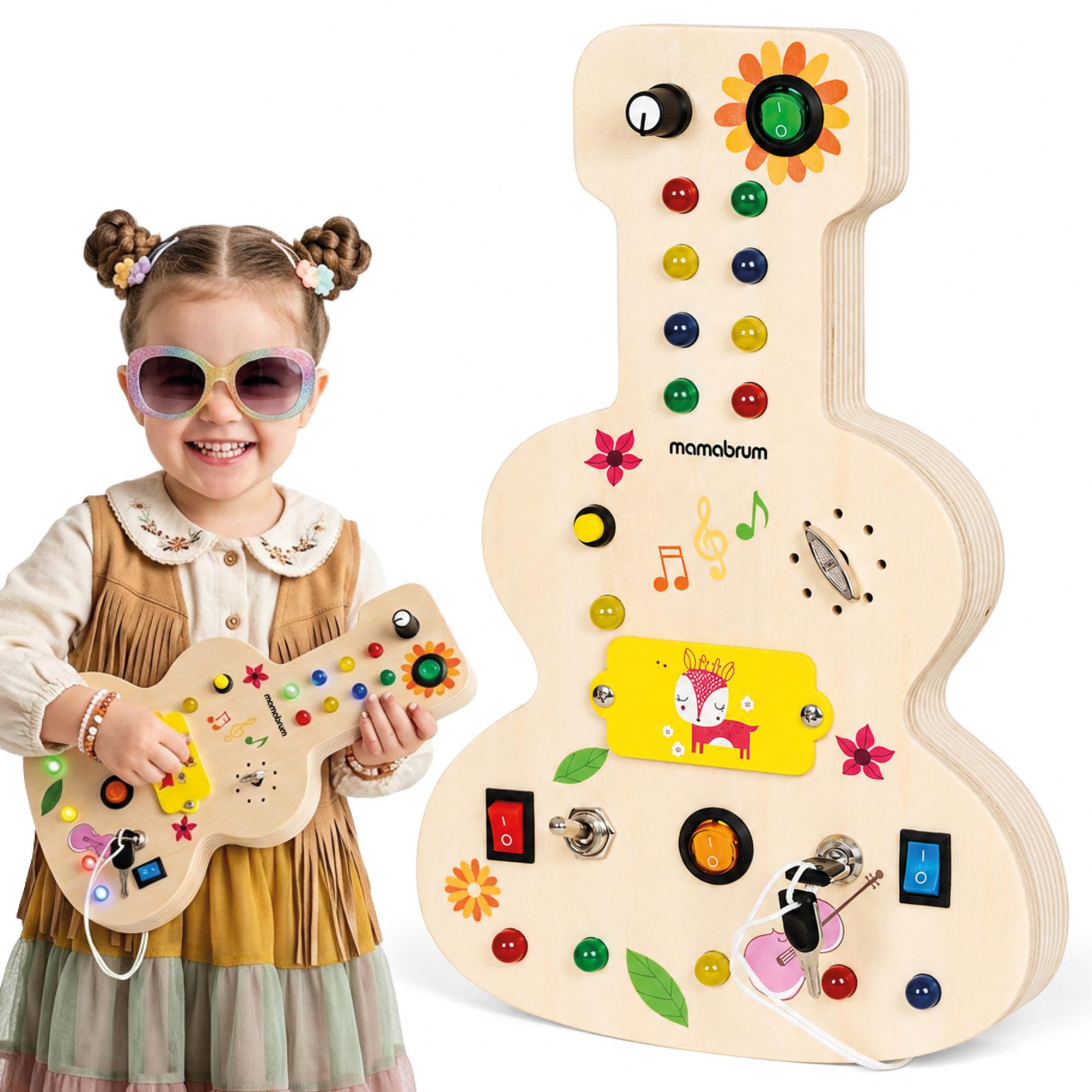 MAMABRUM Planche de Manipulation Bois en Forme de Guitare - Signales Lumineux et Sons Musique Enfant Mamabrum