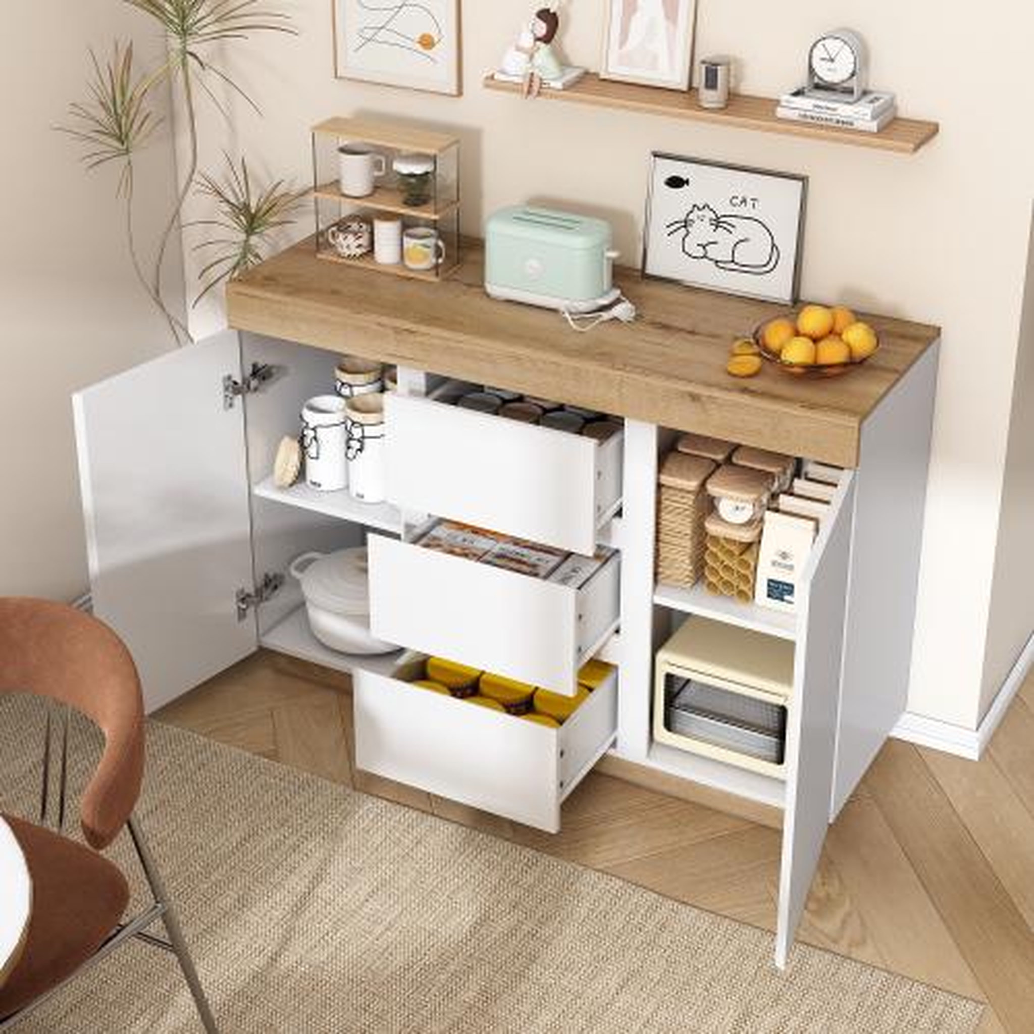 Voir la diapositive 2 : MERAX Buffet 3 porte(s) 3 tiroir(s) - 120,5 cm blanc+naturel panneau de particules
