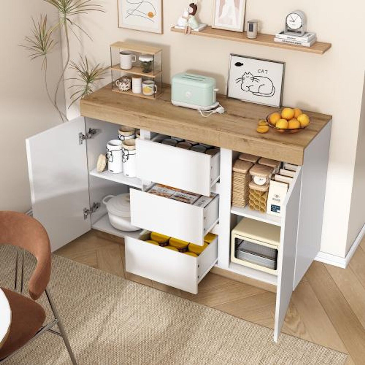 MERAX Buffet 3 porte(s) 3 tiroir(s) - 120,5 cm blanc+naturel panneau de particules