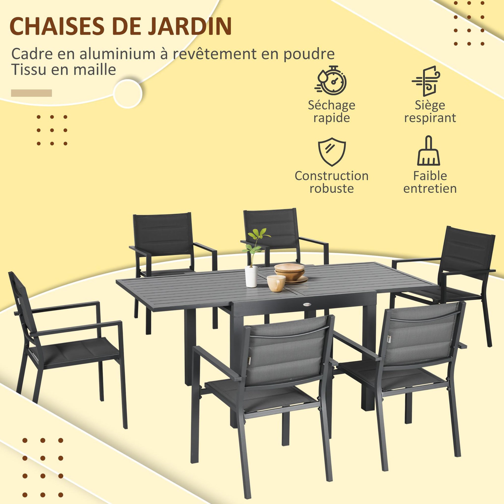 Voir la diapositive 6 : OUTSUNNY Ensemble de jardin 6 personnes chaises empilables table extensible 90/180L cm alu. textilène gris