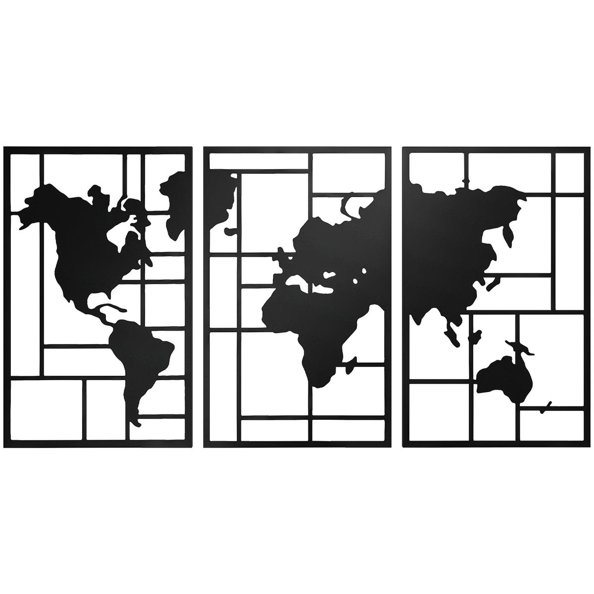 HOMCOM Lot de 3 décorations murales métal design graphique carte du monde métal noir