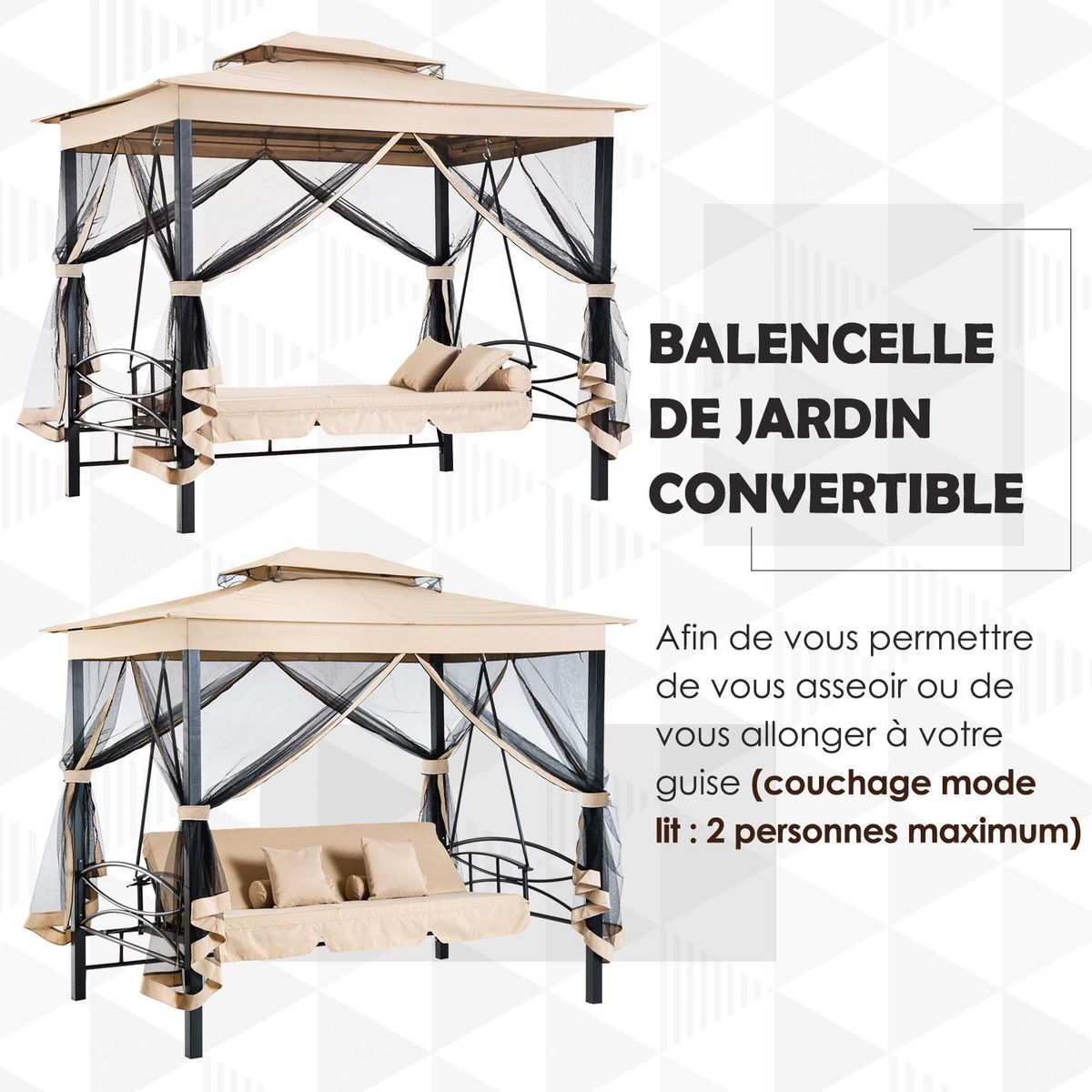 OUTSUNNY Balancelle de jardin 3 places convertible style colonial grand confort 5 coussins + matelas + moustiquaires inclus 2,56L x 1,72l x 2,48H m marron clair