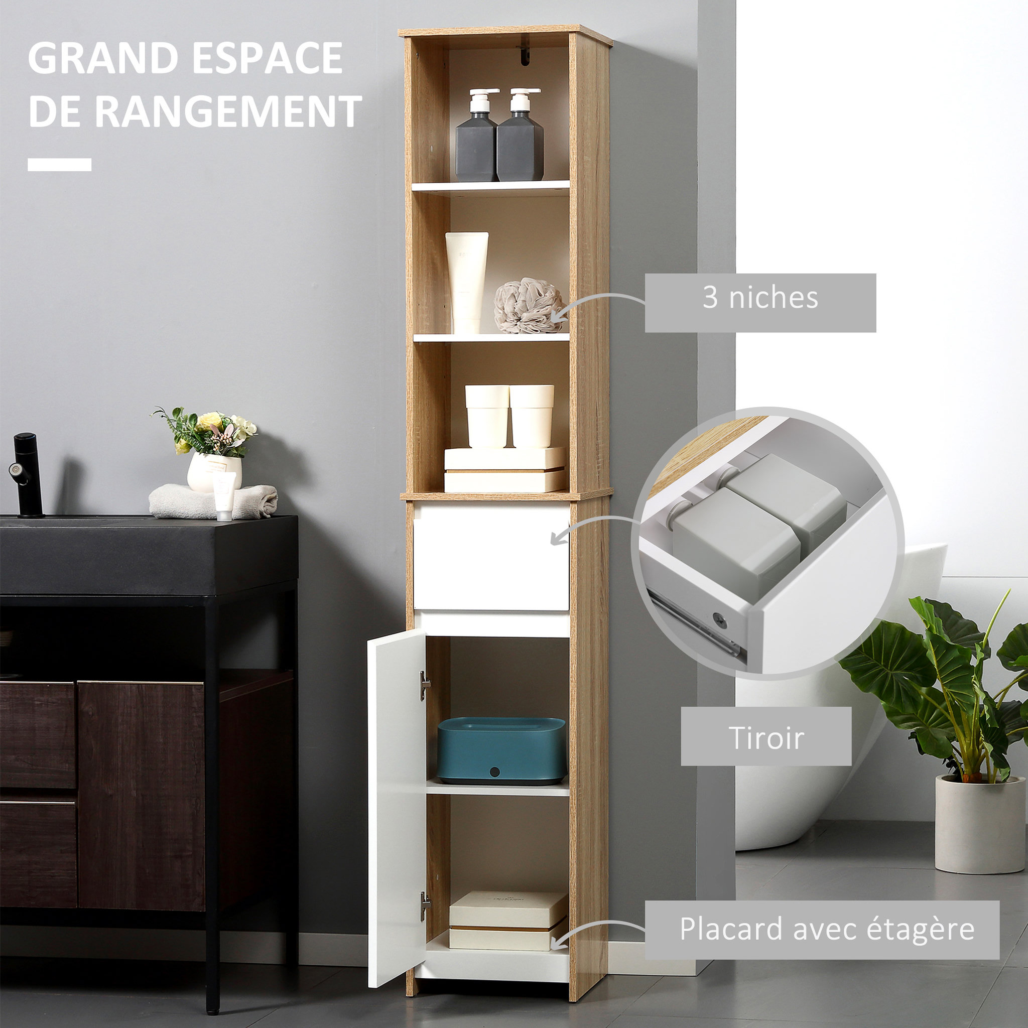 Voir la diapositive 4 : KLEANKIN Meuble colonne rangement salle de bain style cosy 3 niches tiroir placard avec étagère blanc aspect chêne clair