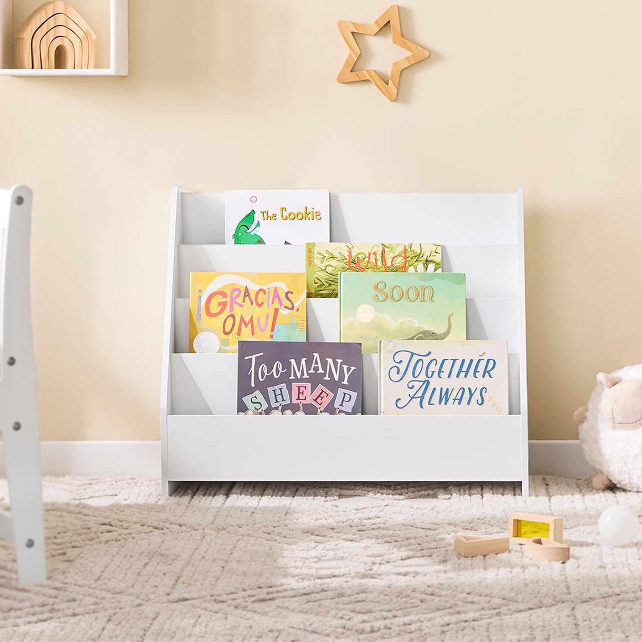 Voir la diapositive 4 : SOBUY Étagère à livres inclinée pour enfants Blanc 70x30x60 cm KMB32-K-W