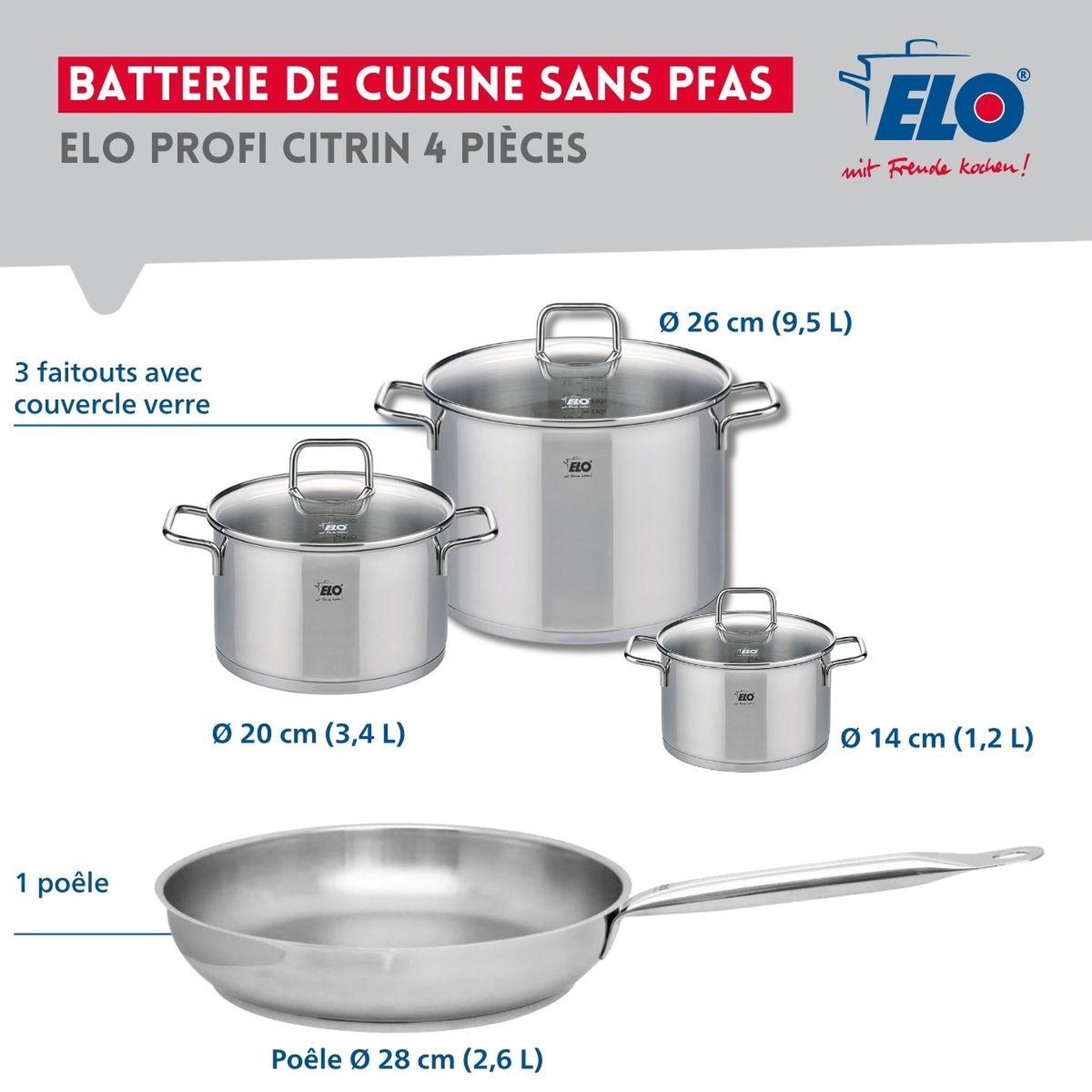 Voir la diapositive 3 : ELO Ensemble de 1 poêle de cuisson 28 cm et 3 faitouts 14, 20 et 26 cm elo profi citrin