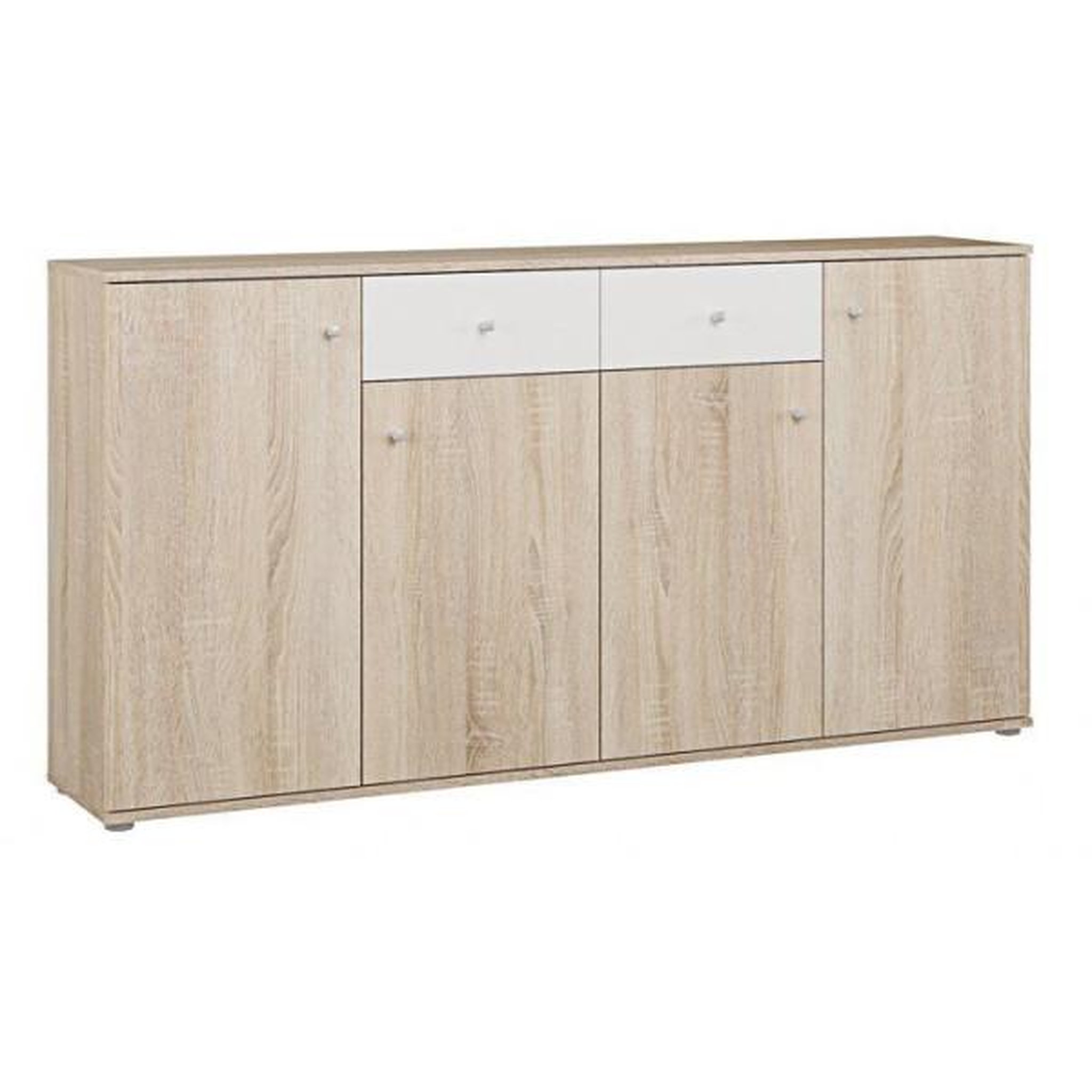 Voir la diapositive 2 : MARKET24 Buffet bas - Décor Chene et blanc mat - 4 portes + 2 tablettes + 2 tiroirs - L 159,2 x P 31,1 x H 81,7 cm