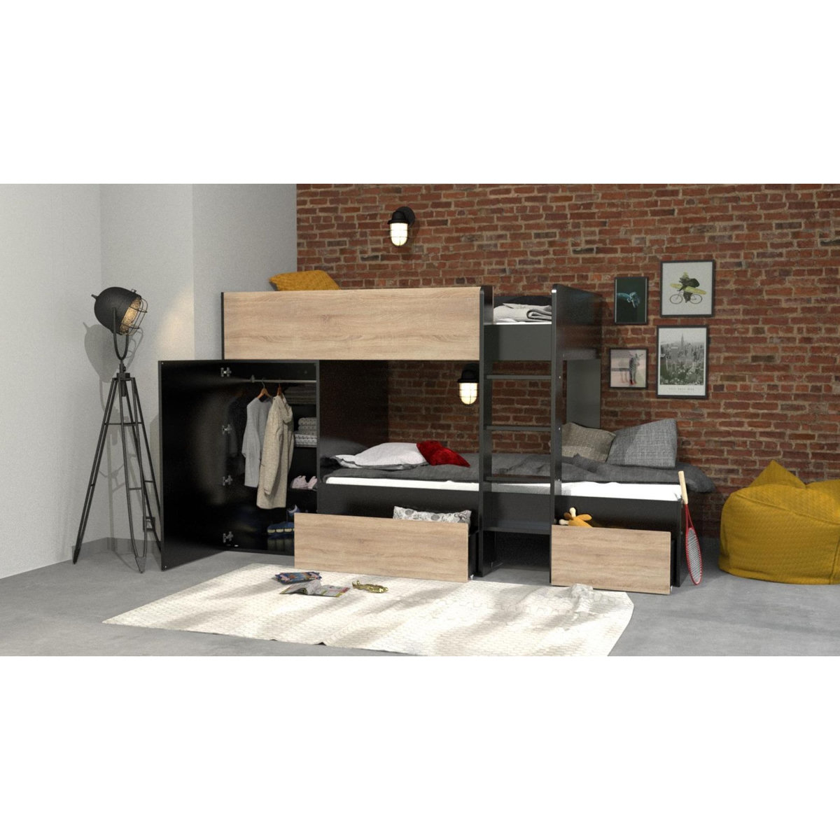 Lit superposé  90 x 190 cm +2 sommiers + étagères KEVIN
