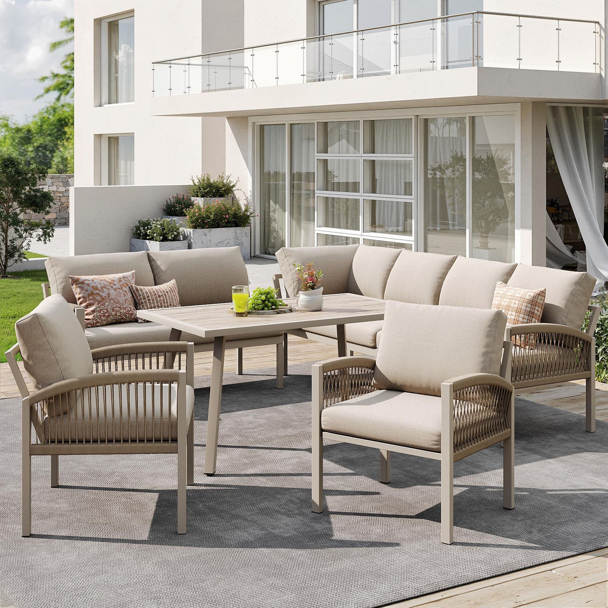 MERAX Salon de jardin angle 8 places en fer avec table verre effet bois, 2 fauteuils rotin, coussins, beige