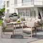 Voir la diapositive 4 : MERAX Salon de jardin angle 8 places en fer avec table verre effet bois, 2 fauteuils rotin, coussins, beige