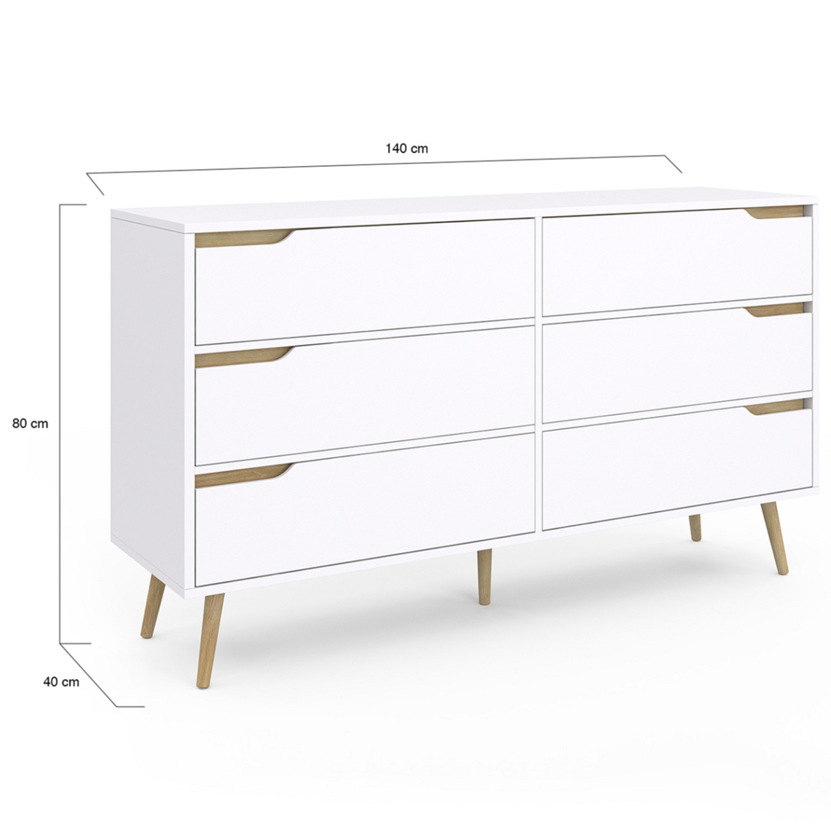 ID MARKET Commode 6 tiroirs HELSINKI XXL 140 cm scandinave blanc