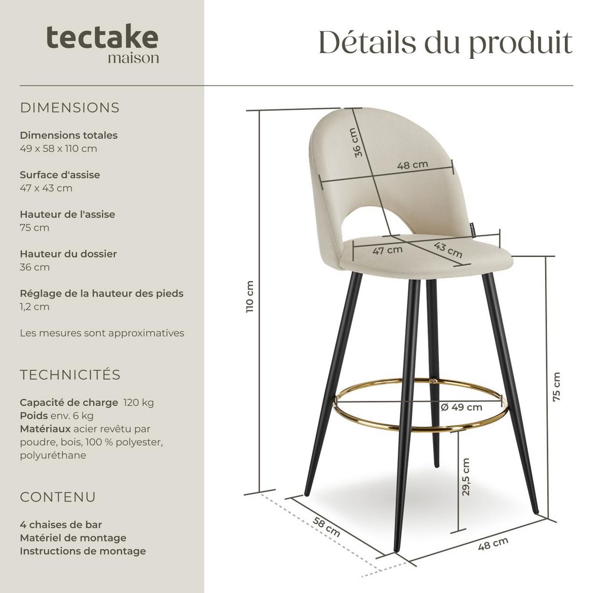 tectake Chaise de bar en velours rembourré crème/noir Ensemble de 4 pièces