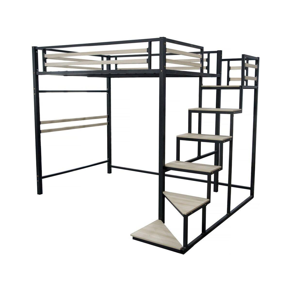 Habitat et Jardin Lit mezzanine en métal avec escalier  LENA  - 140 x 190 cm - Noir