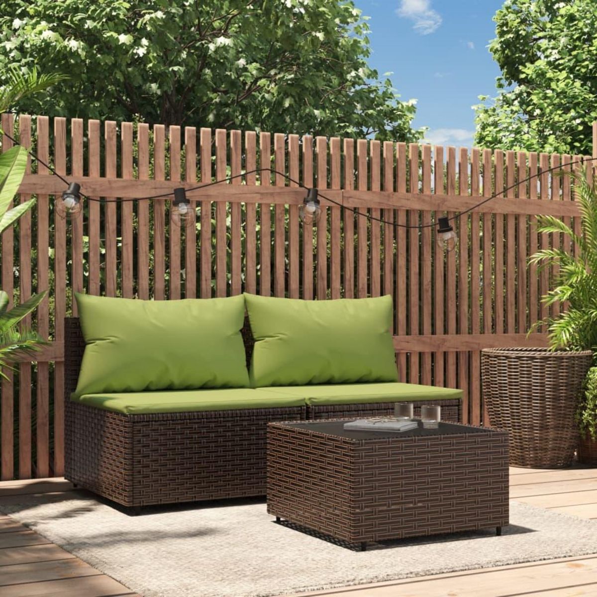 VIDAXL Salon de jardin 3 pcs avec coussins marron resine tressee