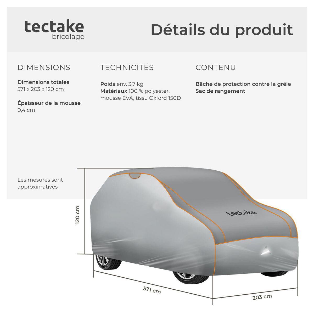 tectake Bâche de voiture imperméable et respirante avec couche en mousse de 4 mm gris SUV / VAN GRAND (571 x 203 x 120 cm)