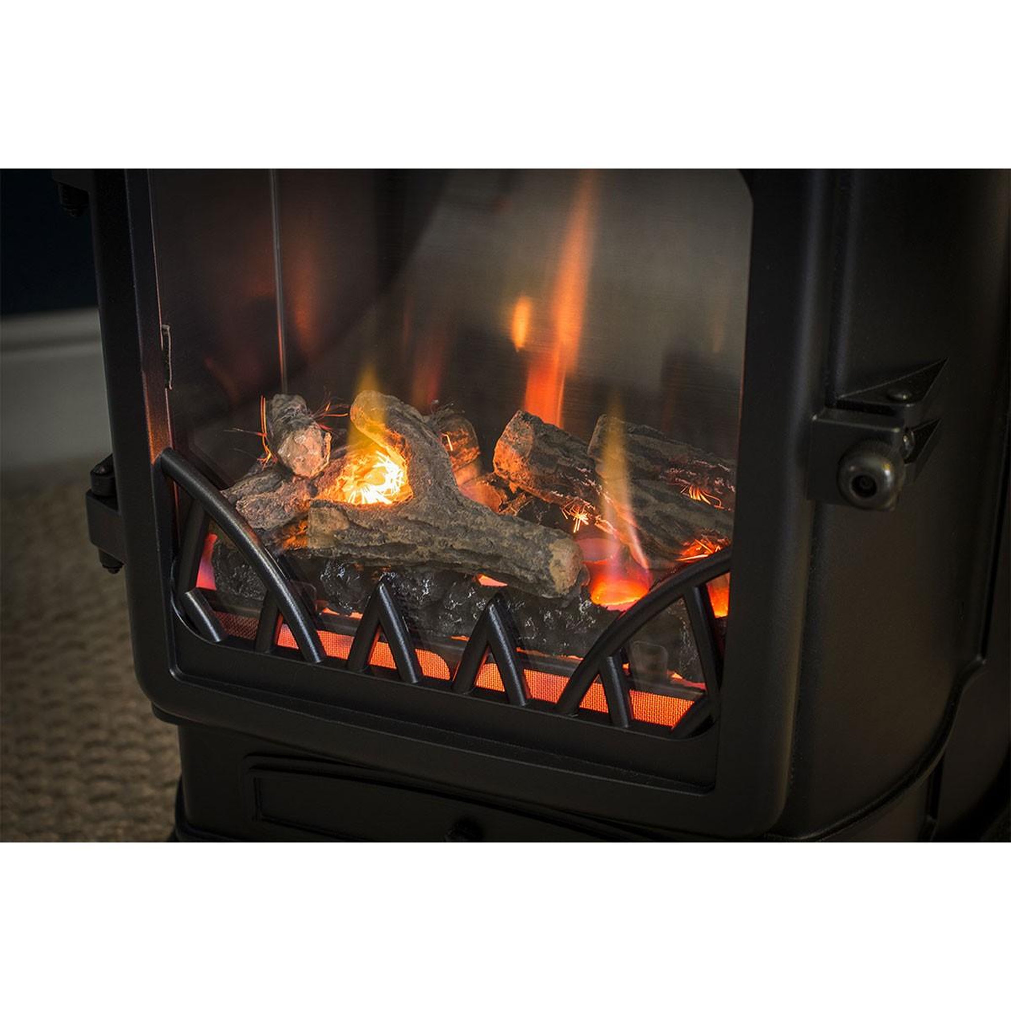 Voir la diapositive 2 : UNIVERSAL Poêle à gaz fonte véritable 3.4kw vert chauffage à gaz effet feu de bois provence sahara