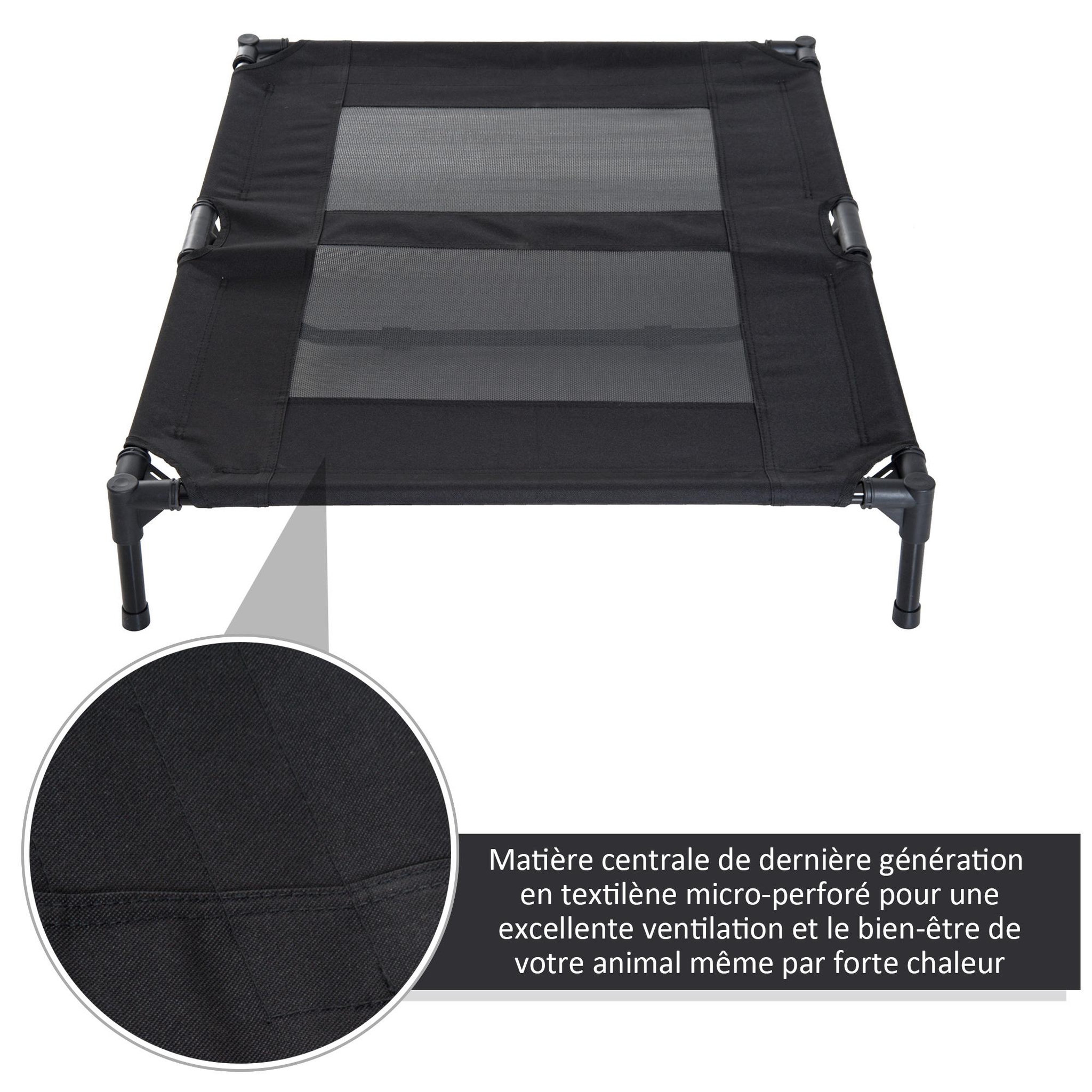 Voir la diapositive 4 : PAWHUT Lit sur pieds pour chien chat lit de camp animal lit surélevé oxford textilène micro-perforé dim. 92l x 76l x 18h cm noir