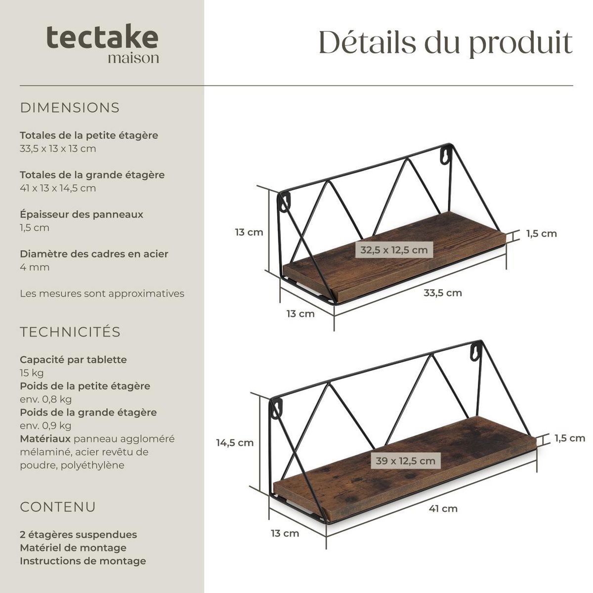 tectake Lot de 2 étagères murales style industriel Bois foncé industriel, rustique
