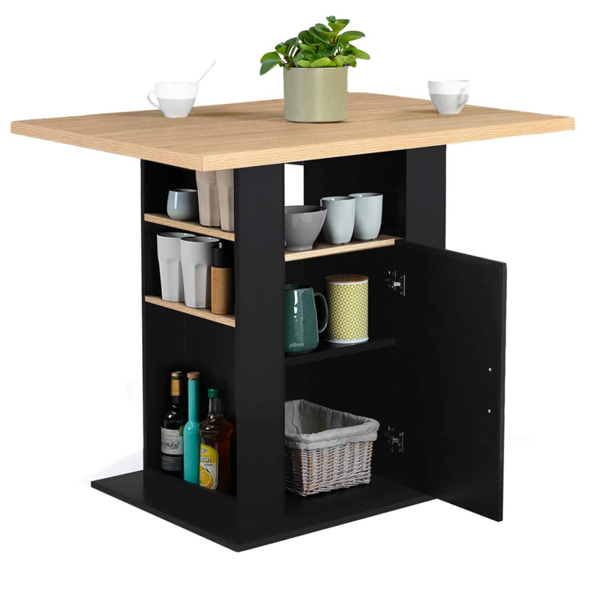 ID MARKET Ilot central UGO 110 cm bois noir et imitation hêtre avec rangements