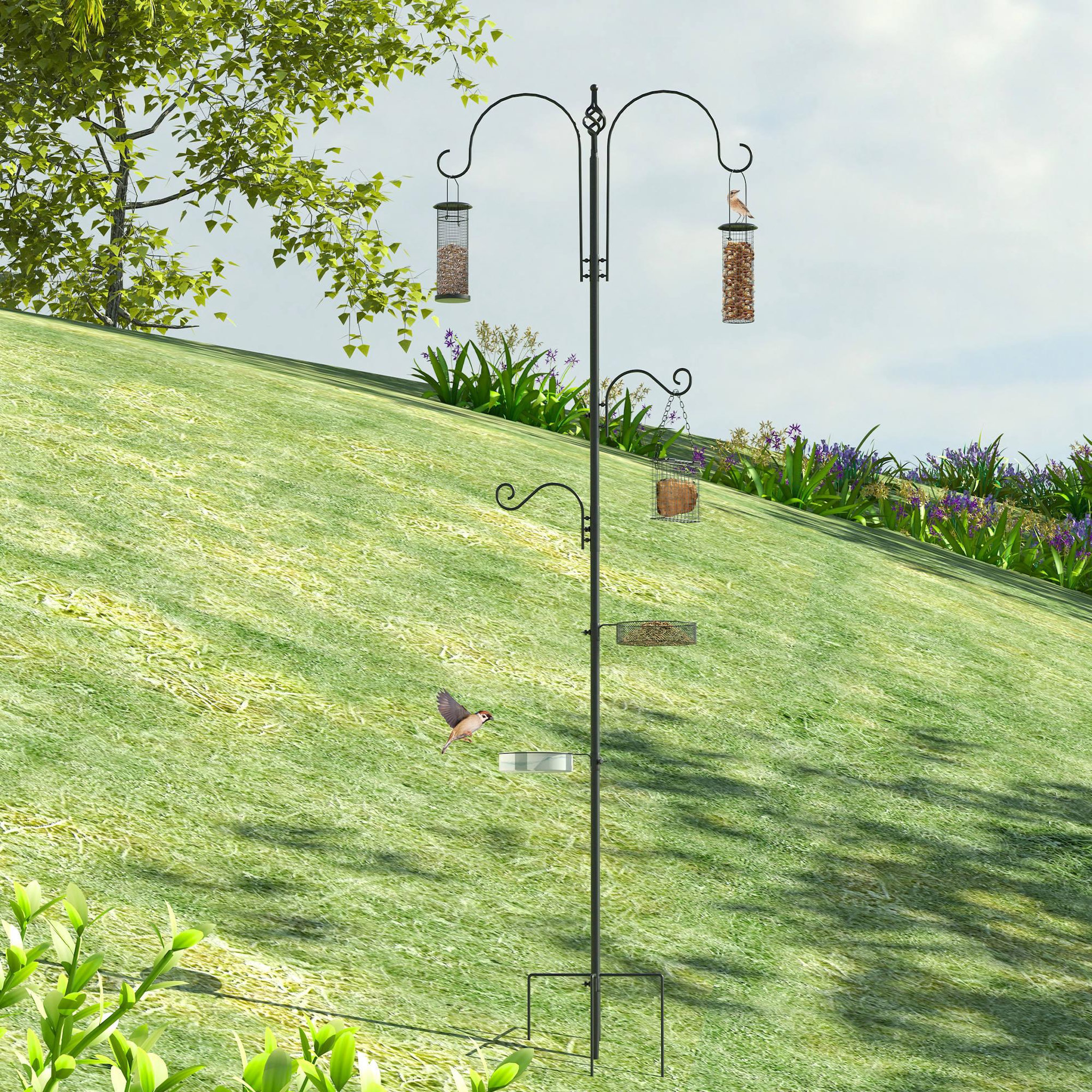 Voir la diapositive 2 : PAWHUT Station d'alimentation pour oiseaux en acier H.208cm 4 crochets contenant eau nourriture