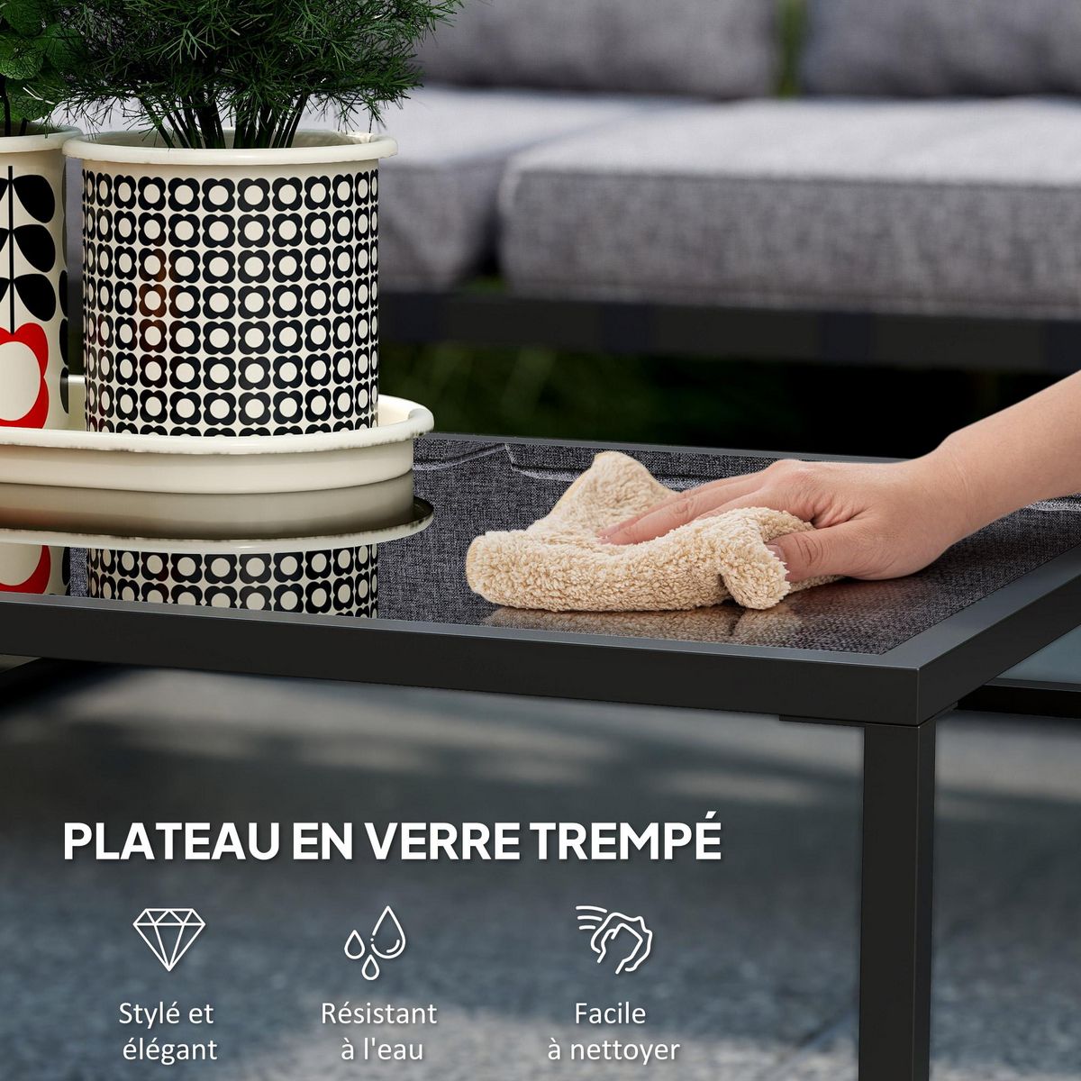 OUTSUNNY Ensemble salon de jardin d'angle 5 places 4 pièces modulables tables basses gigognes acier verre trempé noir gris