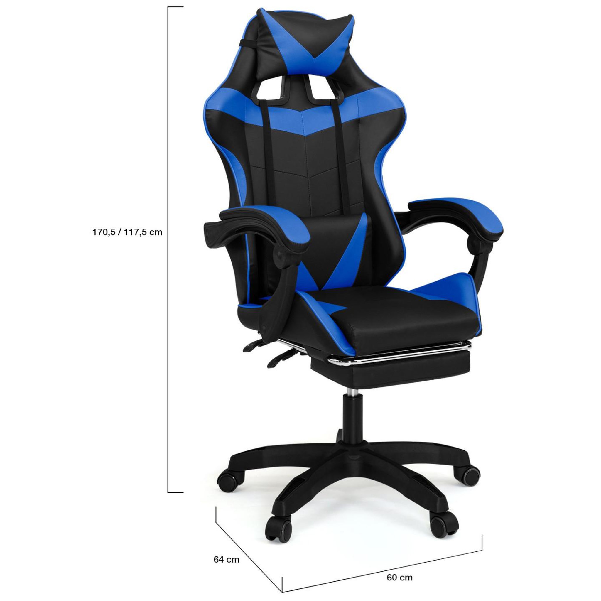 Voir la diapositive 6 : ID MARKET Fauteuil de gaming alex réglable avec repose-pied, coussin de tête et coussin lombaire noir et bleu