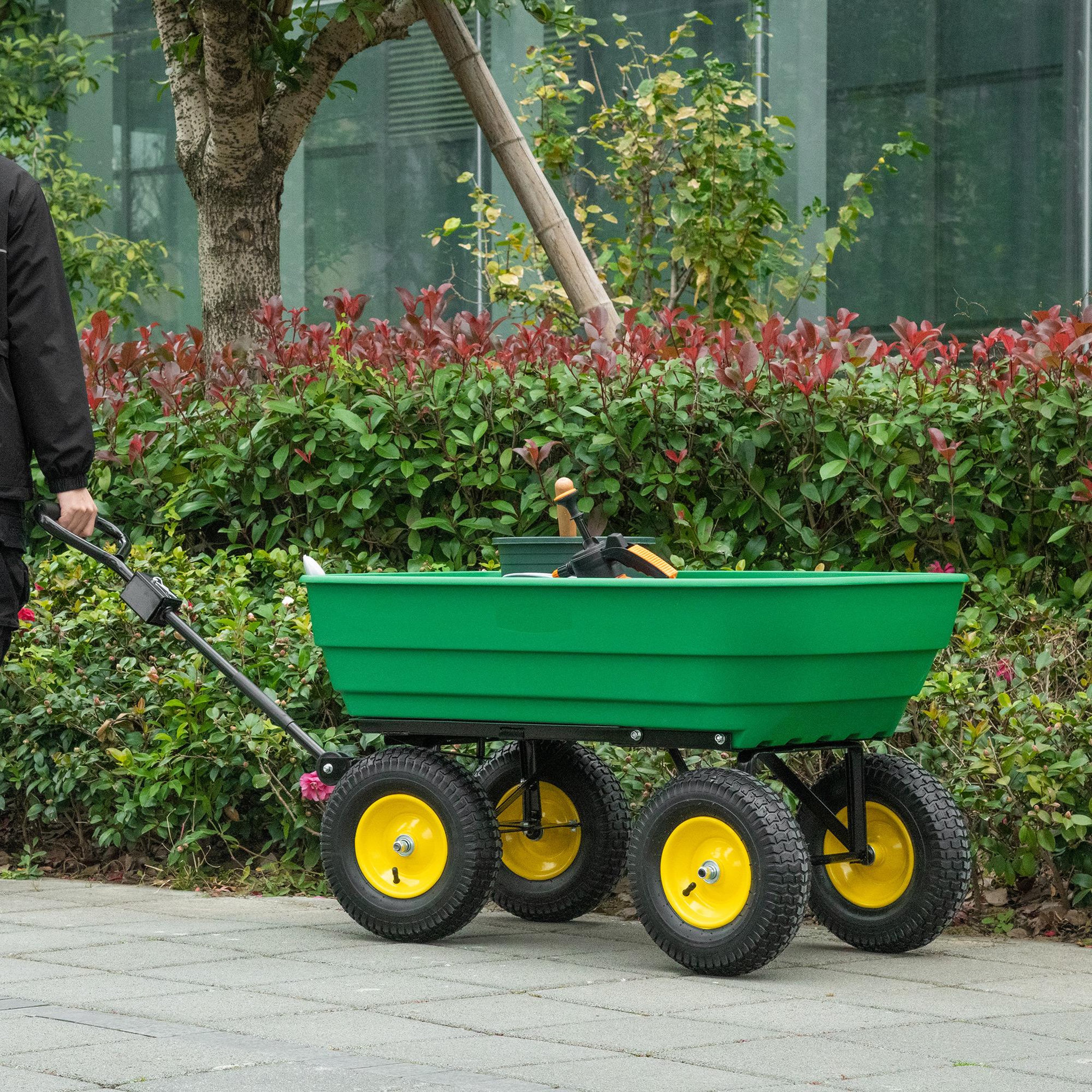 Voir la diapositive 2 : OUTSUNNY Chariot de jardin à main benne basculante 75° 125L charge max. 200 Kg 4 roues pneumatiques acier PP jaune vert