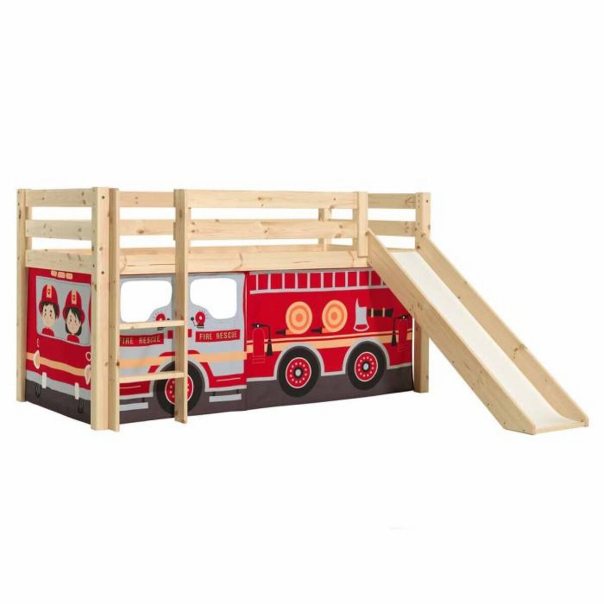 Paris Prix Lit Enfant Surélevé Avec Toboggan  Pino Fire Truck  90x200cm Naturel