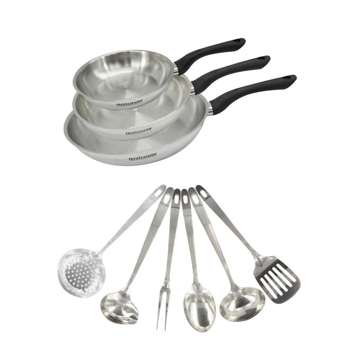 Fackelmann Set 3 poêles 20 24 et 28 cm en inox et 6 ustensiles inox Fackelmann Geneva