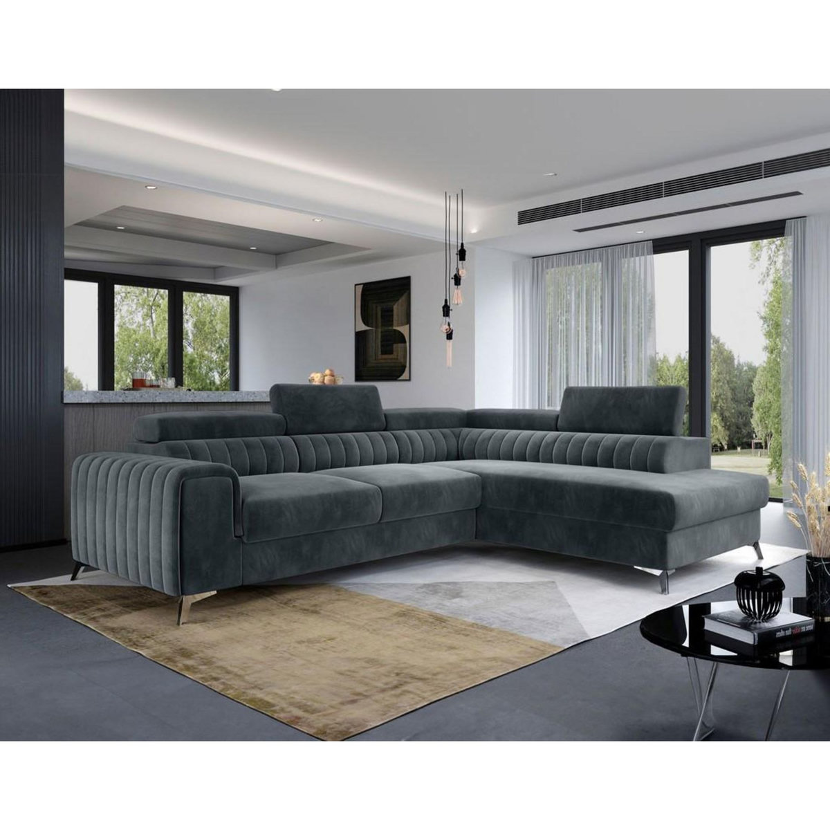 BEST MOBILIER Talisay - canapé d'angle droit - 5 places - convertible avec coffre - en velours