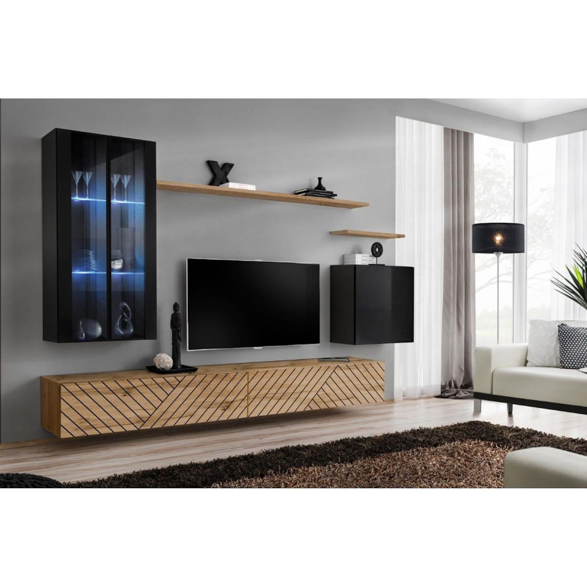 Paris Prix Ensemble Meuble TV  Switch Lamel XII  270cm Naturel & Noir