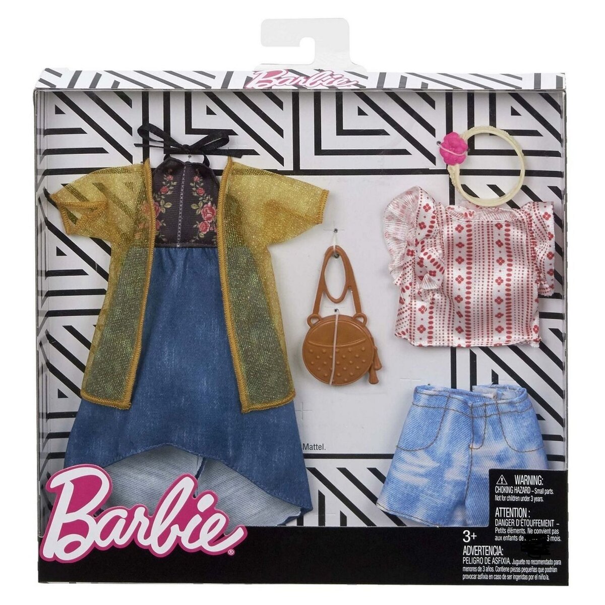 BARBIE Tenue Barbie jupe en jean avec top lignes + robe en jean et veste dorée manches courtes 