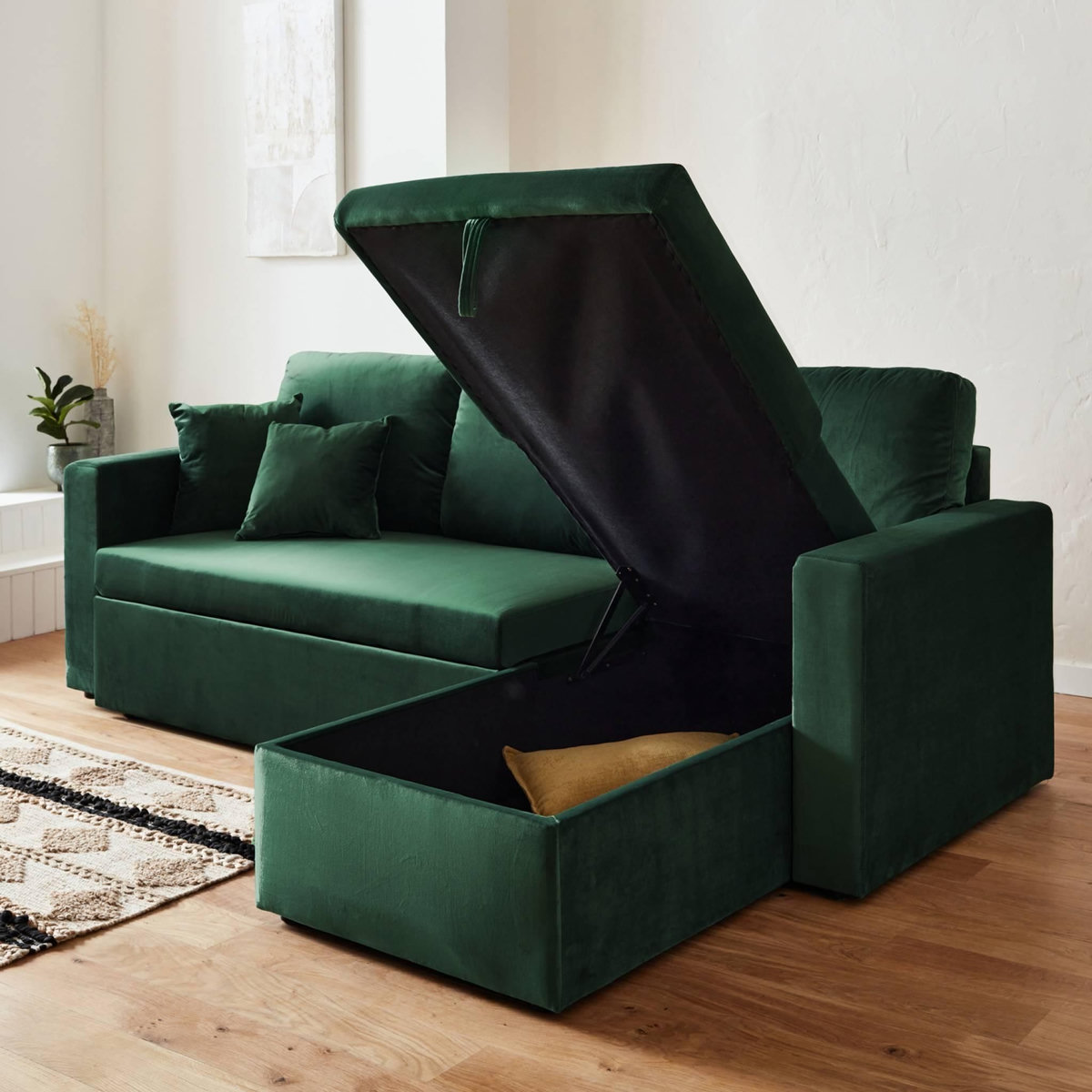 SWEEEK Canapé d'angle convertible en velours vert anglais 3 places. fauteuil d'angle réversible coffre rangement lit modulable