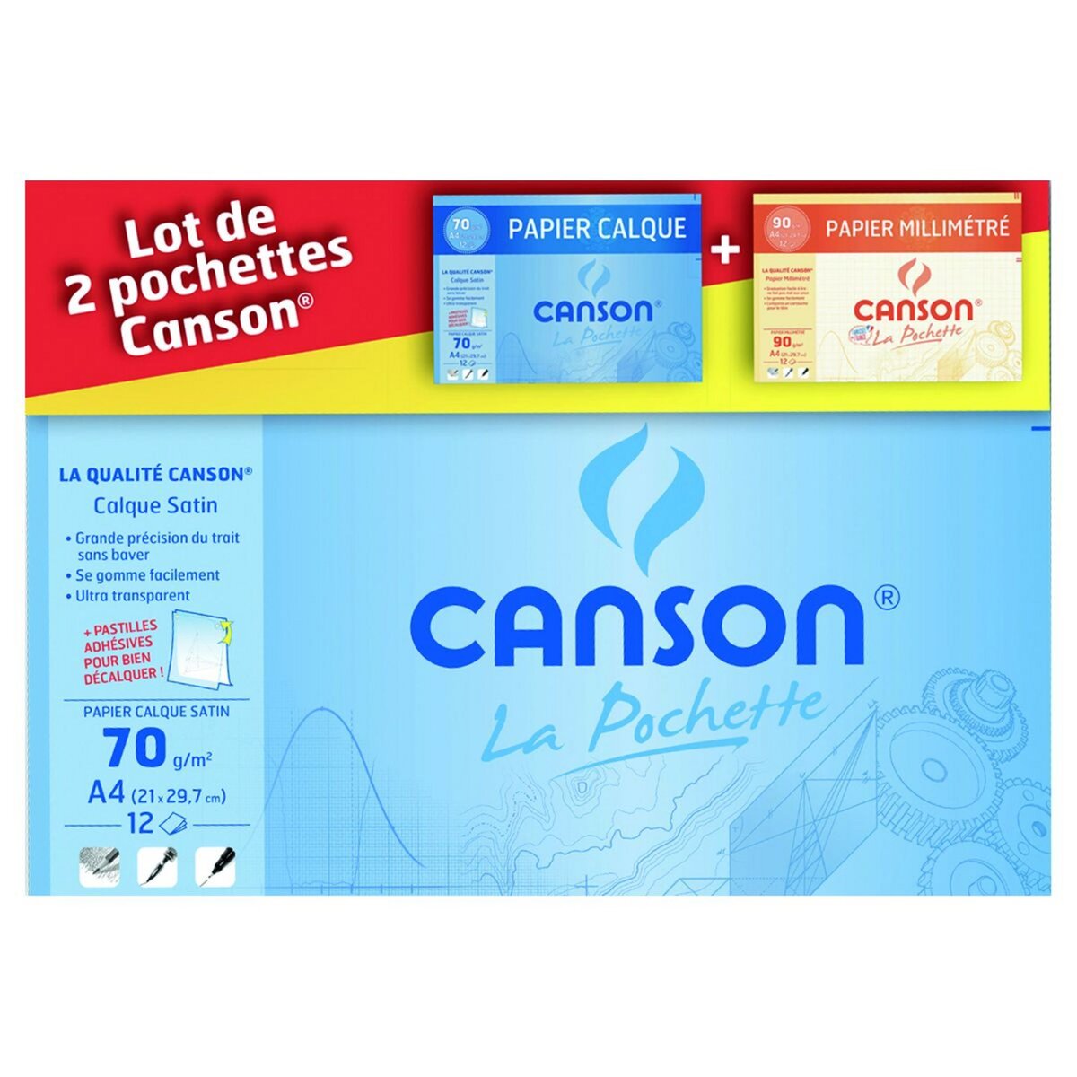 CANSON Lot de 1 pochette papier calque 12 feuilles A4 70g/m² + 1 pochette papier millimétré 12 feuilles A4 90g/m²