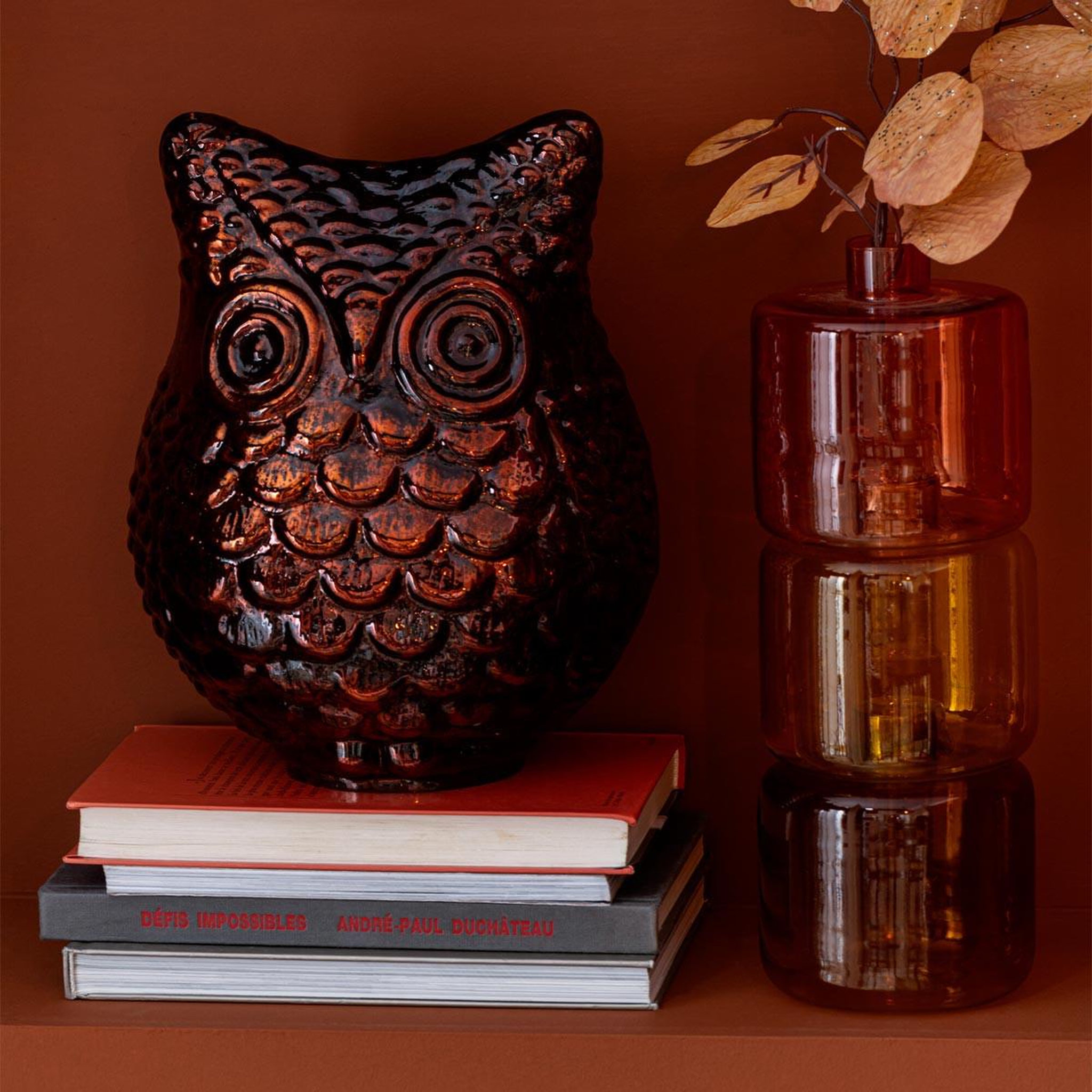 Voir la diapositive 3 : J-LINE Statuette hibou en verre  automn  25cm rouille