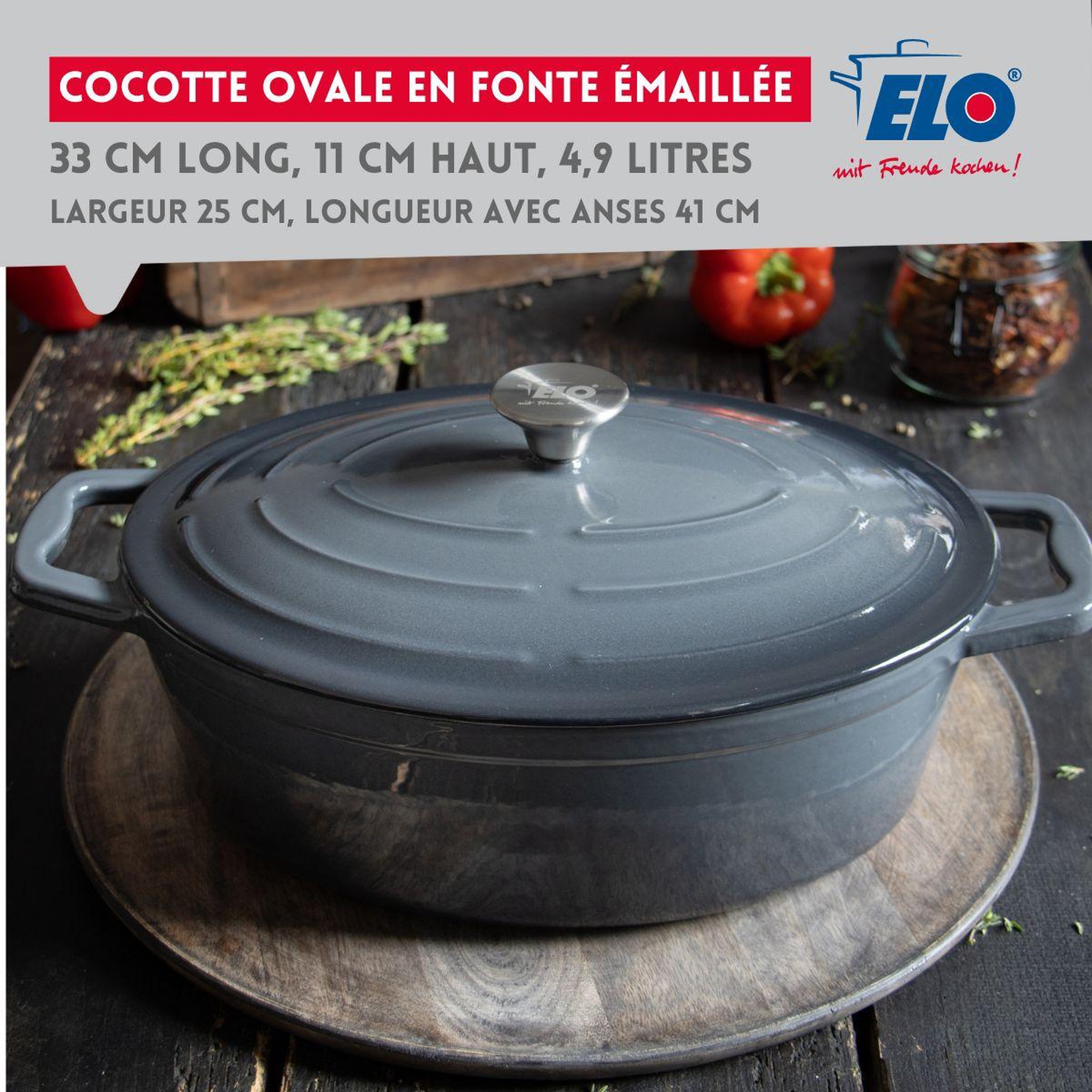 Voir la diapositive 2 : ELO Cocotte ovale en fonte émaillée 33 cm gris classique 5 l elo