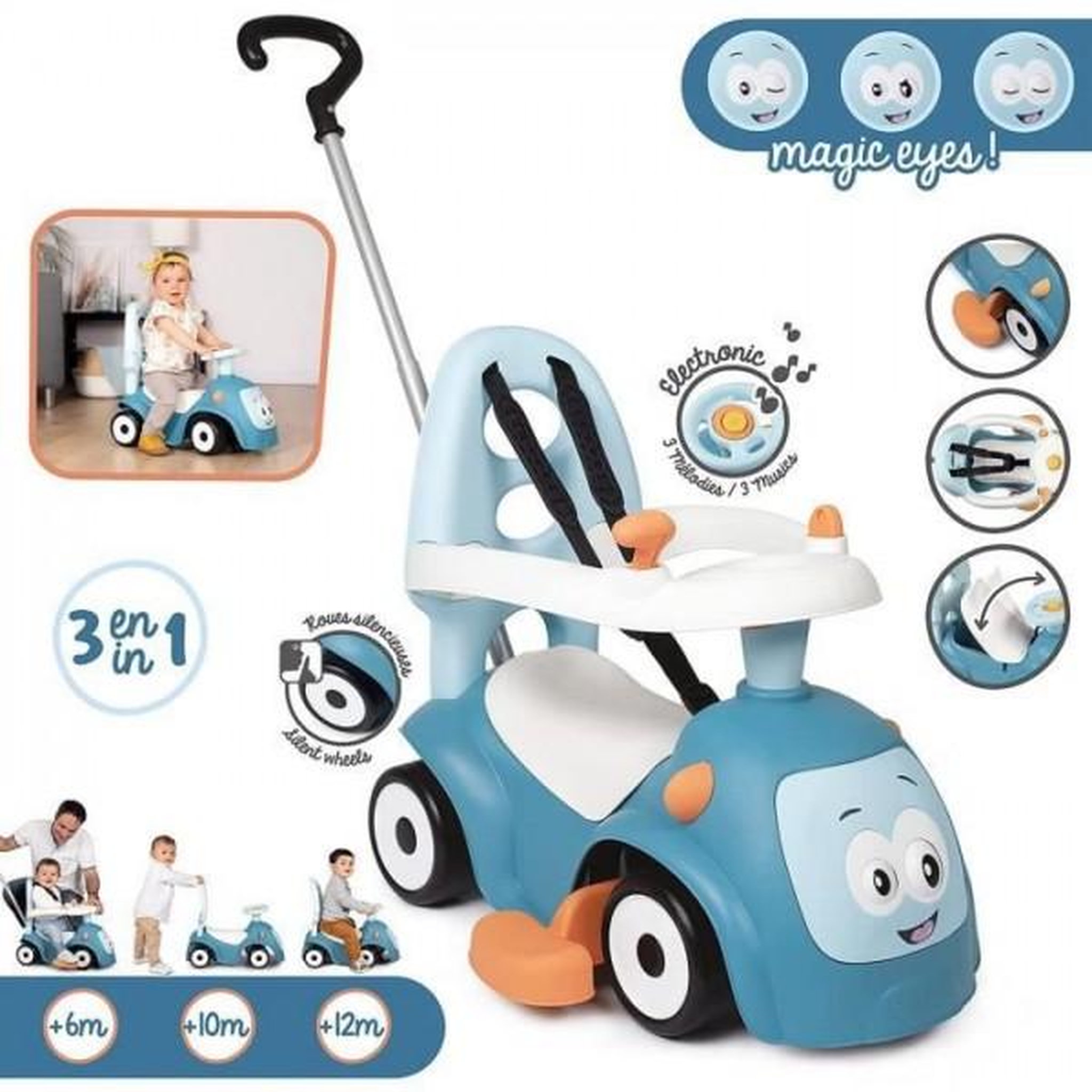 Voir la diapositive 2 : SMOBY Porteur Trotteur Smoby -  Maestro Balade Bleu - Pour Enfant Des 6 Mois - Evolutif - Roues Silencieuses - Klaxon