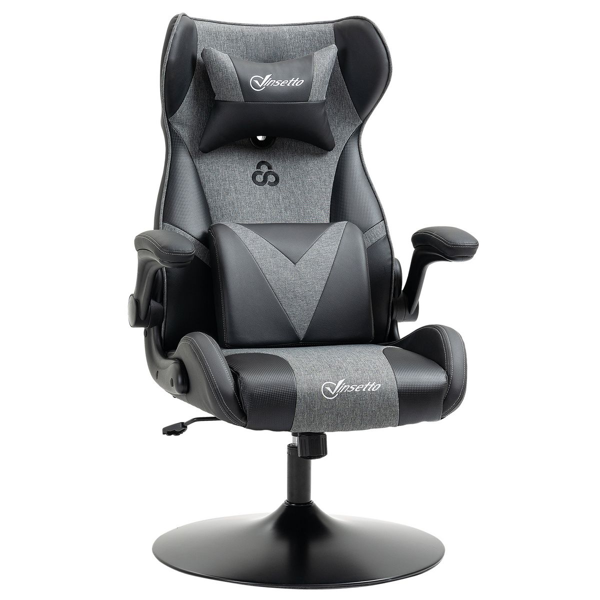 VINSETTO Fauteuil gaming base ronde métal pivotante 360° hauteur réglable tétière coussin lombaires accoudoirs relevables PU tissu gris noir