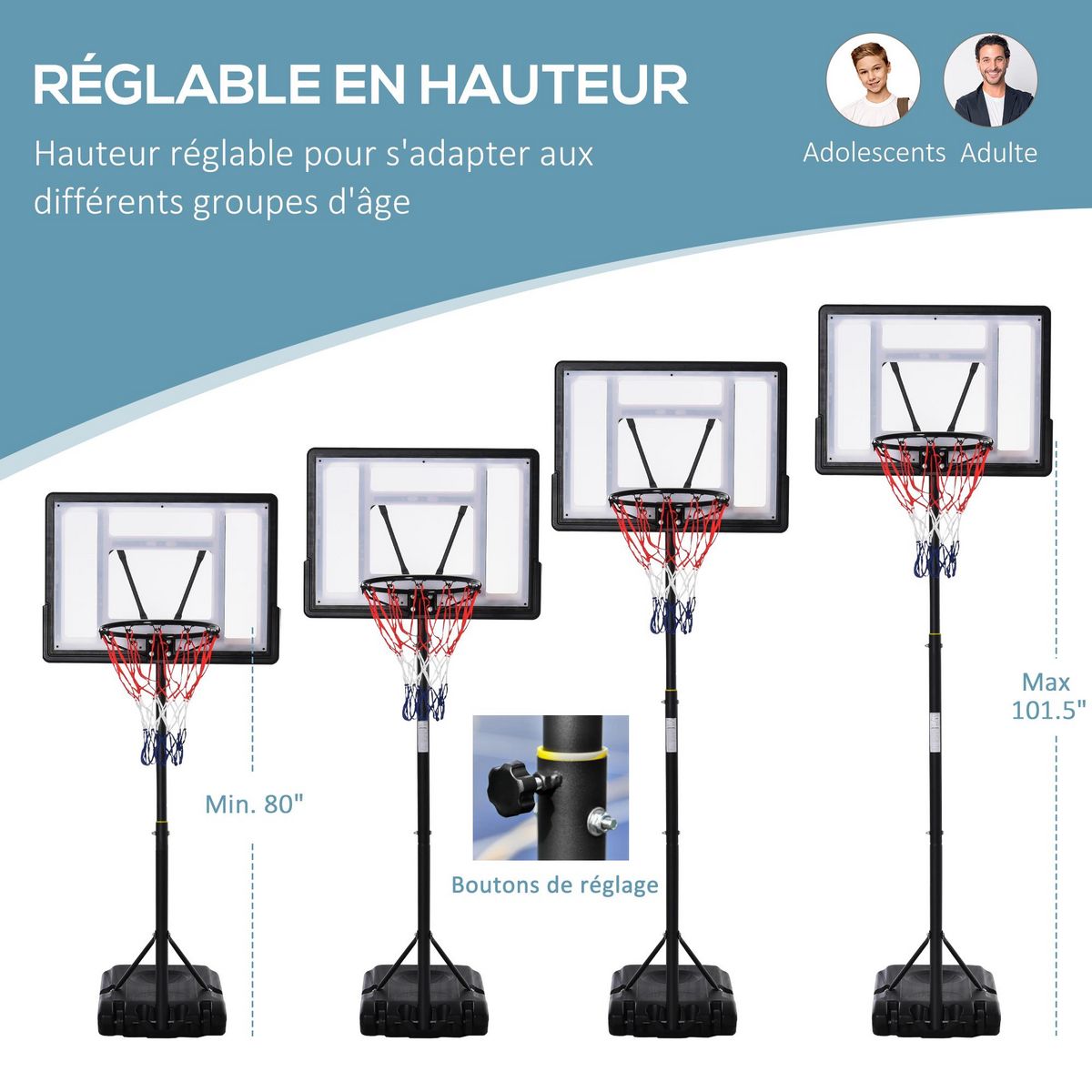 HOMCOM Panier de basketball sur pied - H. réglable 203-258 cm - roulettes, base de lestage - noir