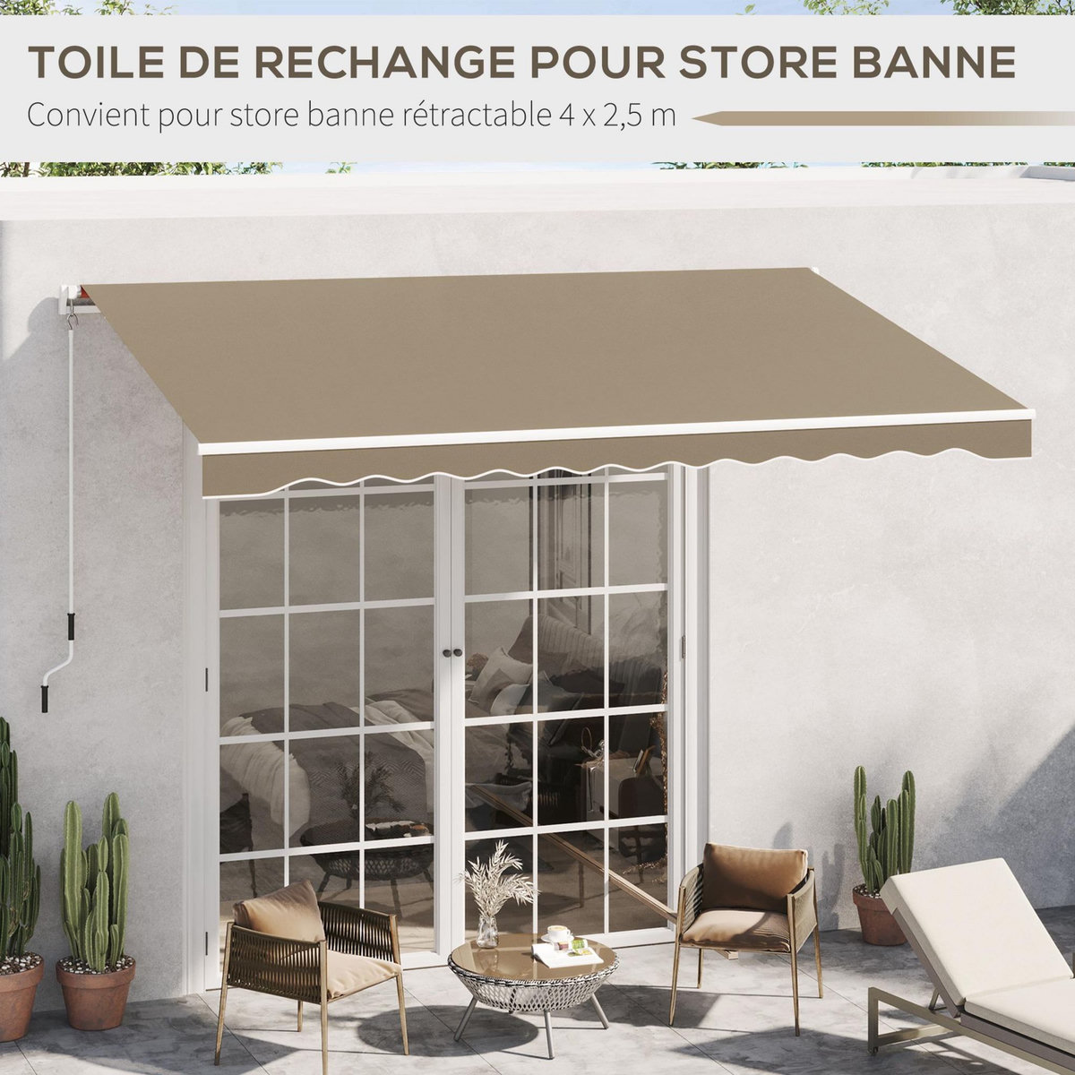 OUTSUNNY Toile de rechange store banne - lambrequin vagues douces - polyester haute densité 280 g/m² anti-UV dim. 3,82L x 2,4l (avancée) m café latte