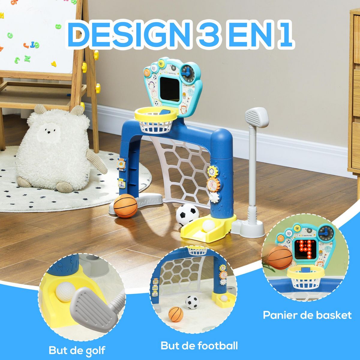 HOMCOM Jeux sportifs 3 en 1 enfant 18-48 mois - foot, basket, golf - effets lumineux sonores bleu