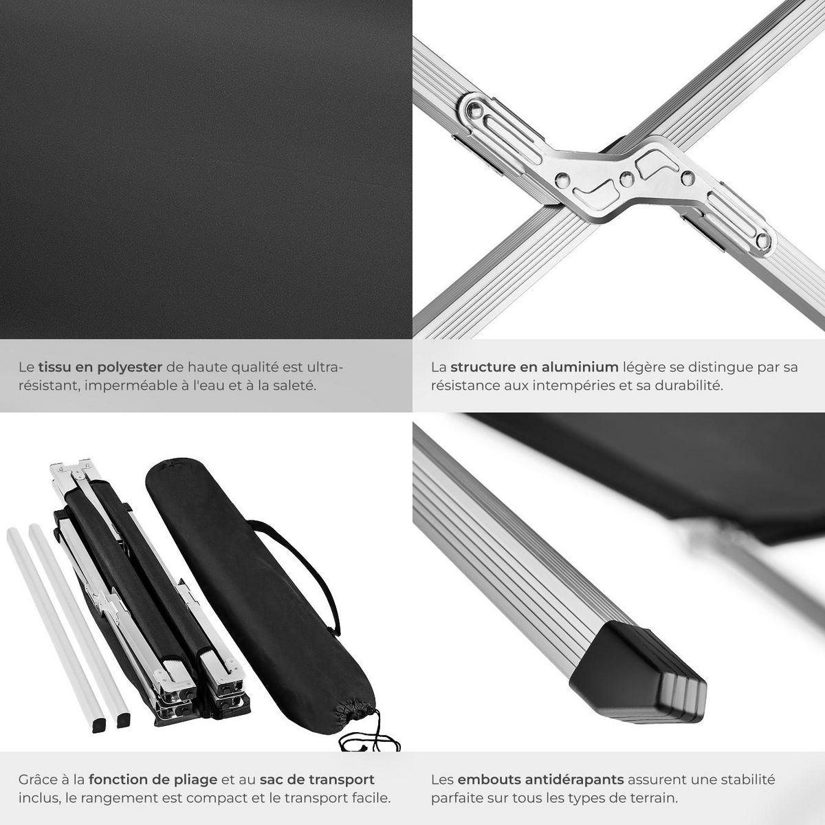 tectake Lit de camp avec cadre en aluminium noir