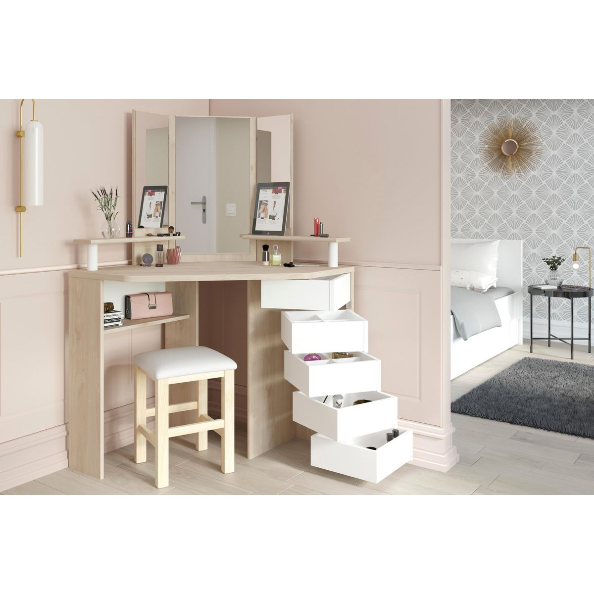 Coiffeuse d'angle 3 miroirs 5 tiroirs pivotants GIRLY